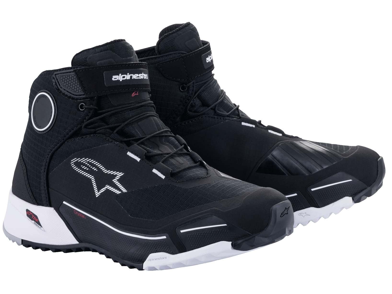 Alpinestars CR-X Drystar Riding Shoes, scarpe da moto impermeabili in nero e bianco, stile atletico con suola bianca, tomaia in tessuto nero con accenti del logo bianchi e dischi protettivi sulla caviglia