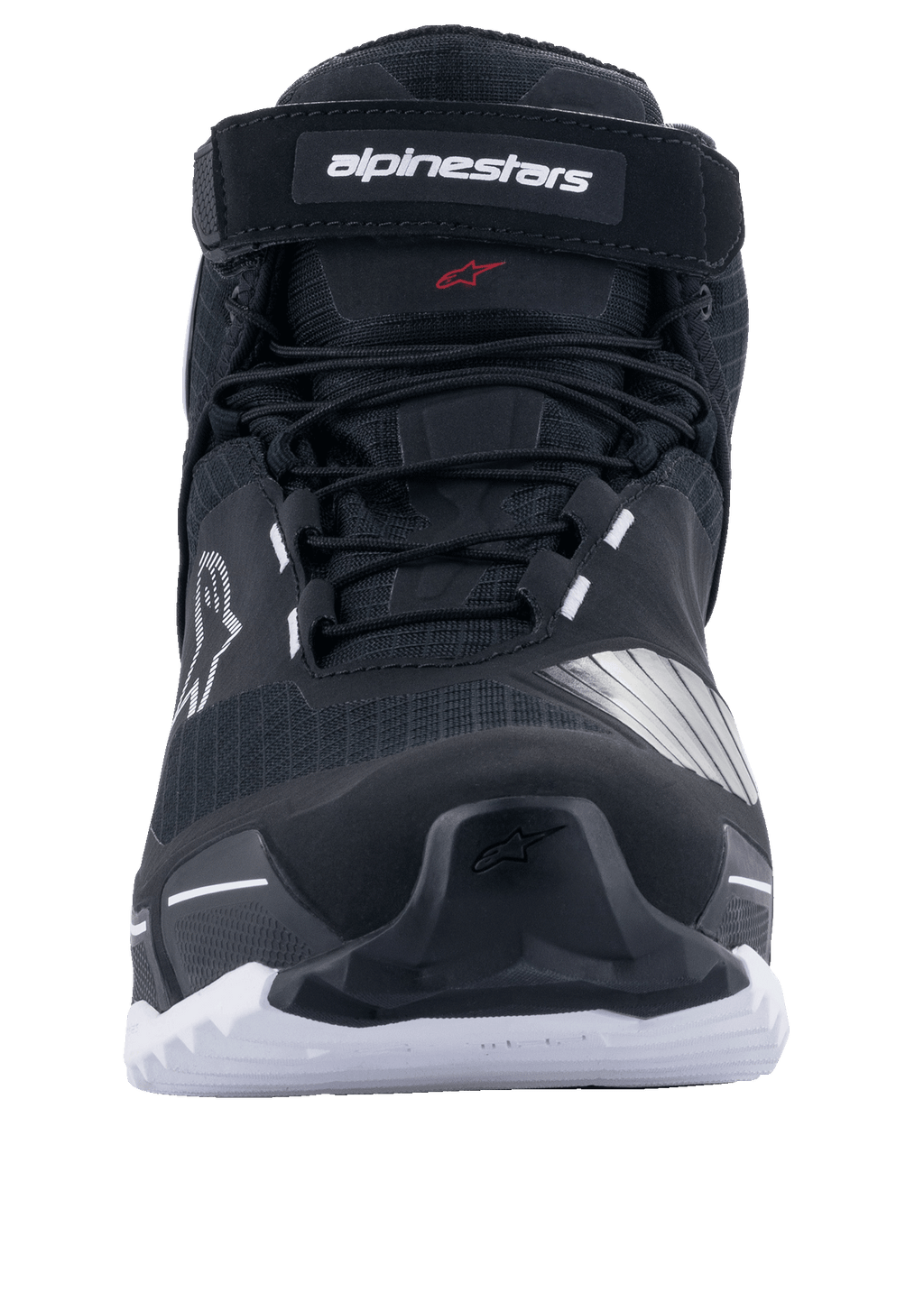 Scarpe da moto Alpinestars CR-X Drystar®, scarpe da moto, nero e bianco, vista frontale con lacci e cinturino superiore marchiato Alpinestars, suola bianca con grip robusto, design ispirato alle scarpe da corsa per guida su strada e adventure.