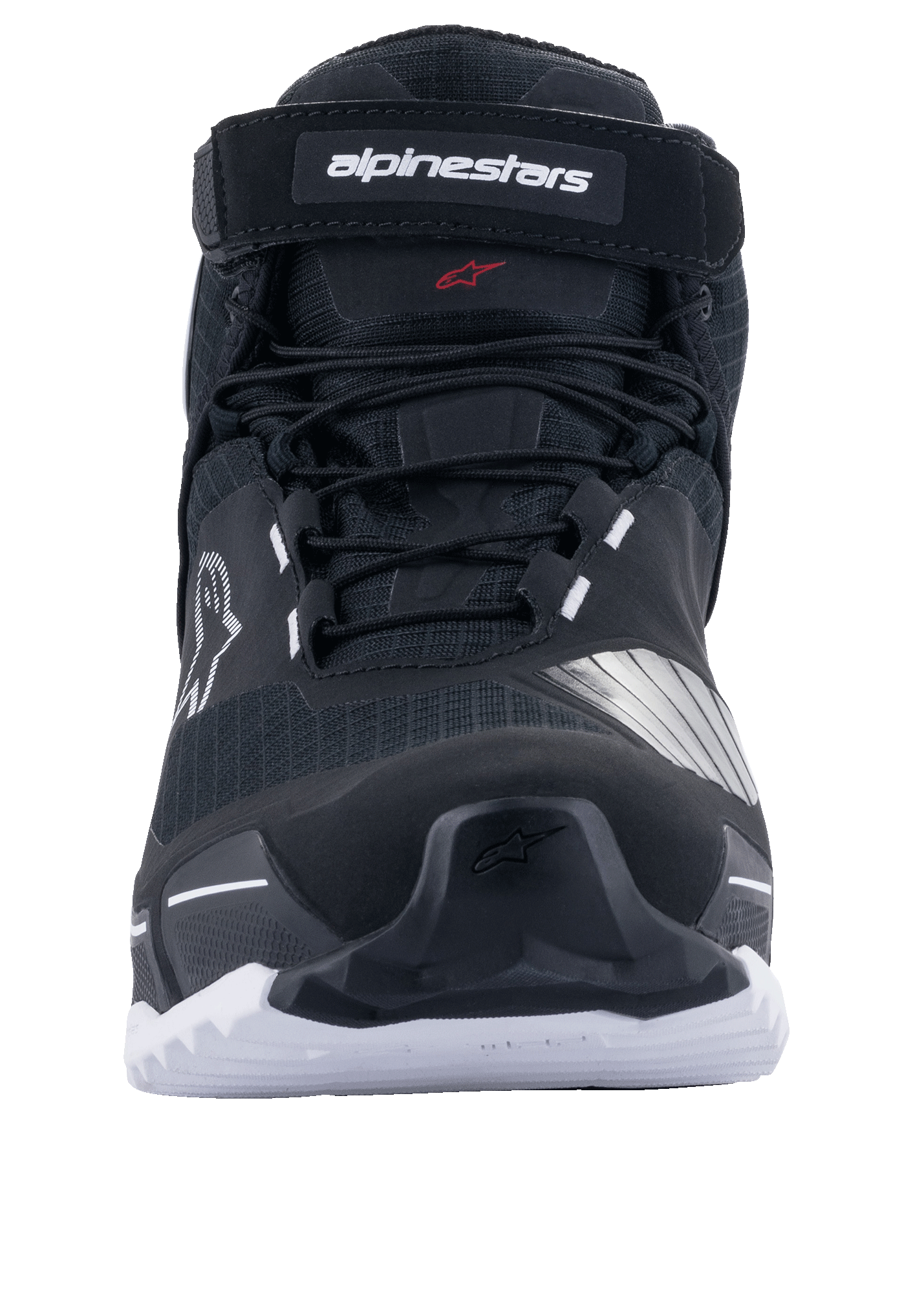 Scarpe da moto Alpinestars CR-X Drystar®, scarpe da moto, nero e bianco, vista frontale con lacci e cinturino superiore marchiato Alpinestars, suola bianca con grip robusto, design ispirato alle scarpe da corsa per guida su strada e adventure.
