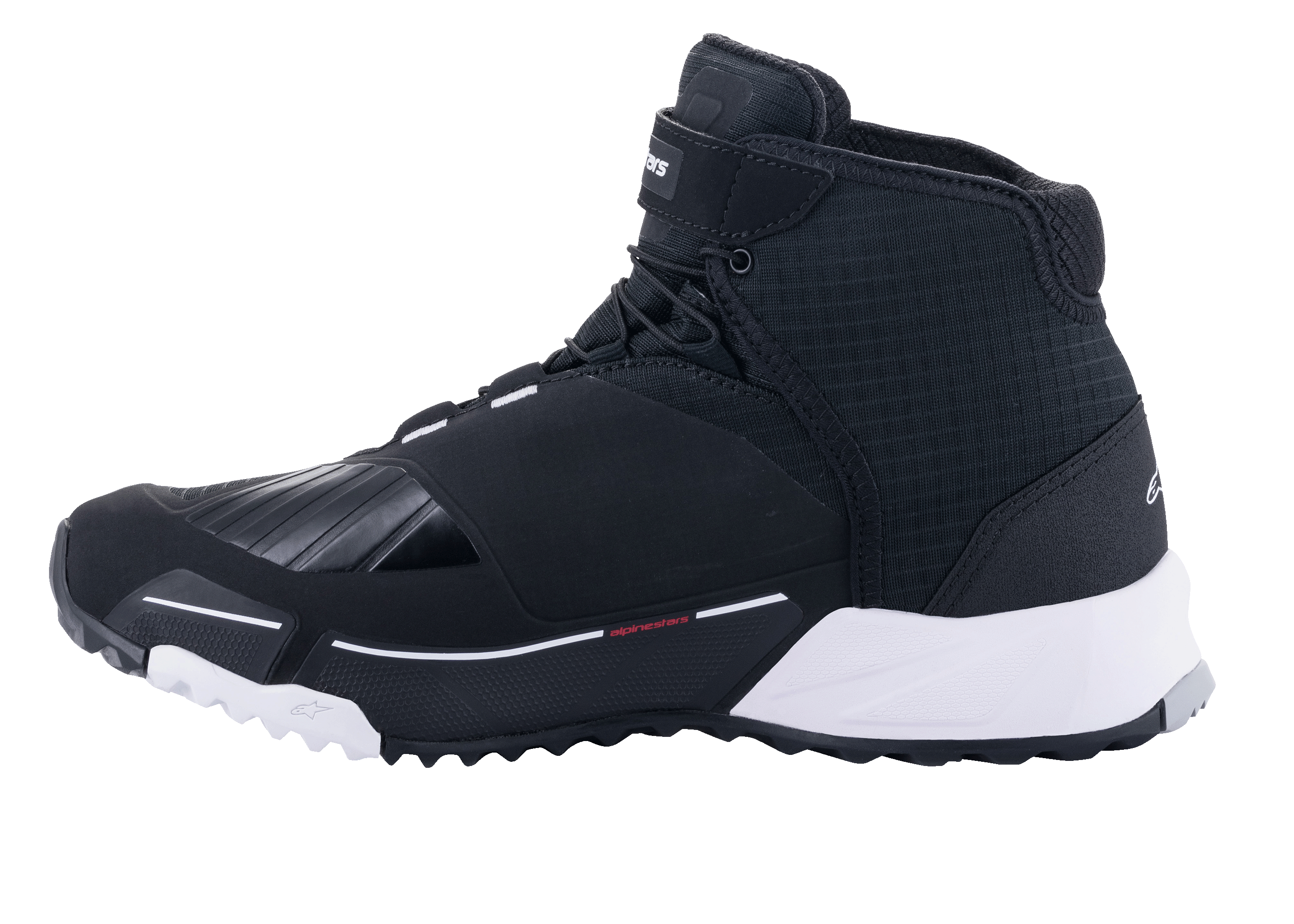 Alpinestars CR-X Drystar® Riding Shoes, scarpe da moto, nero e bianco, profilo laterale con design ispirato alle scarpe da running, tomaia in tessuto impermeabile, intersuola in EVA bianca e zona del cambio rinforzata sulla punta.