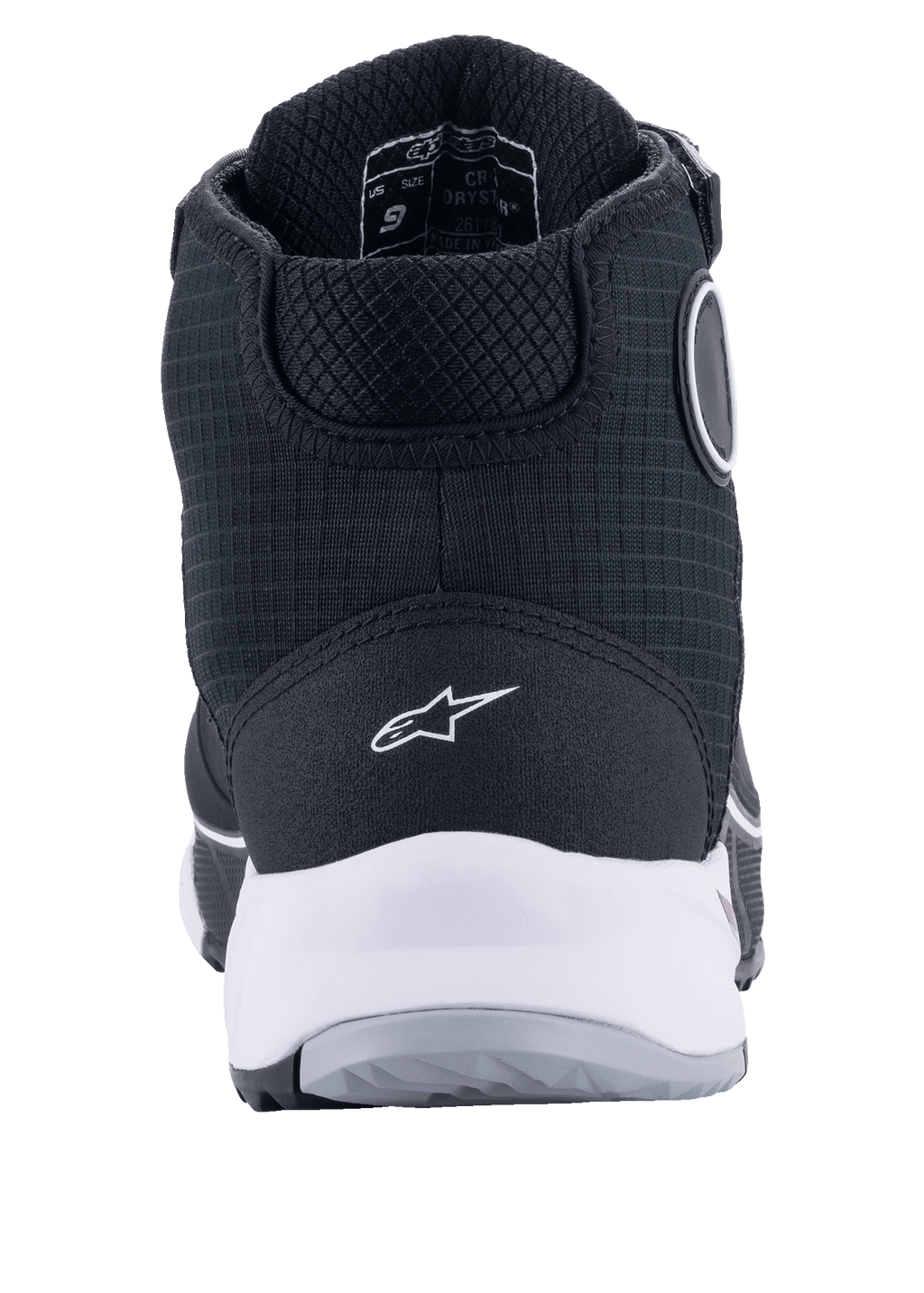 Scarpe da moto Alpinestars CR-X Drystar®, nero e bianco, vista posteriore con intersuola bianca e logo sul tallone, tomaia in tessuto testurizzato con costruzione protettiva alta, progettate per la guida impermeabile in moto e il comfort nella camminata