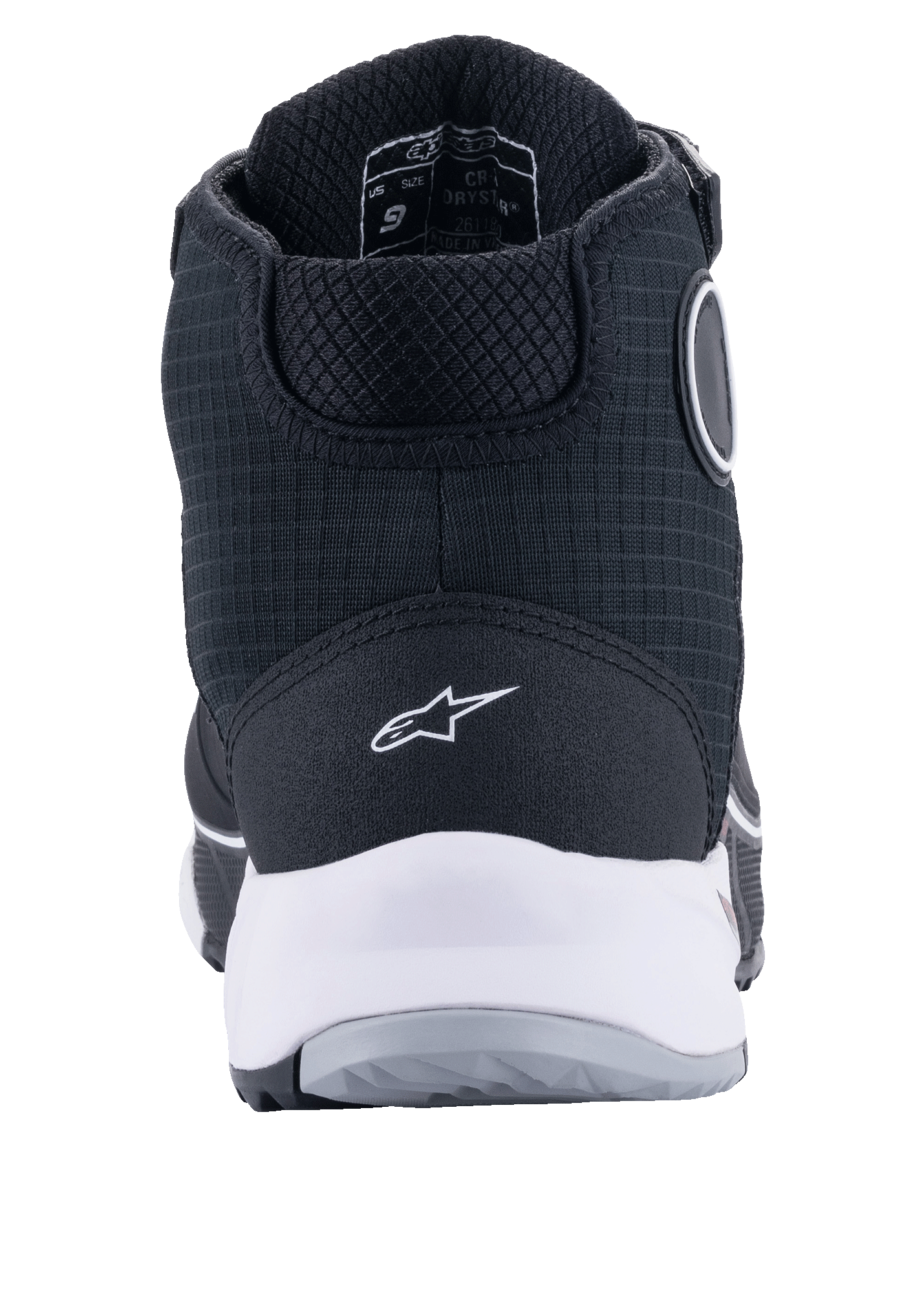 Scarpe da moto Alpinestars CR-X Drystar®, nero e bianco, vista posteriore con intersuola bianca e logo sul tallone, tomaia in tessuto testurizzato con costruzione protettiva alta, progettate per la guida impermeabile in moto e il comfort nella camminata