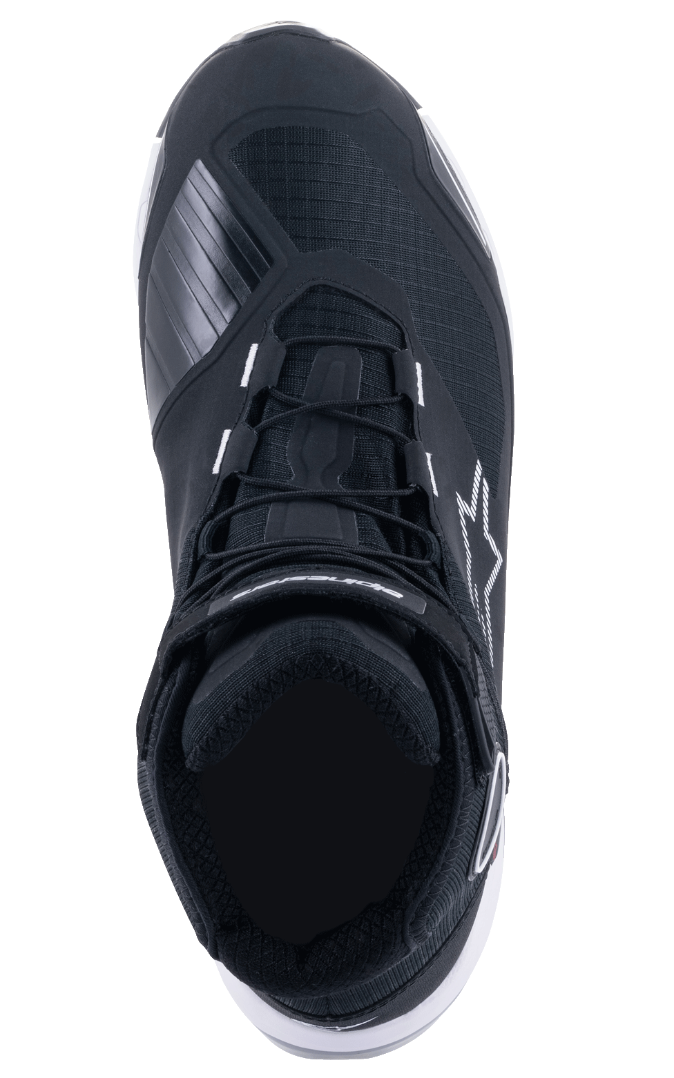 Scarpe da moto Alpinestars CR-X Drystar®, vista dall'alto, nero e bianco, con chiusura a lacci e cinturino a strappo sulla caviglia, rinforzo testurizzato per la leva del cambio sulla punta e logo a stella bianco sul lato, calzature da moto resistenti e impermeabili