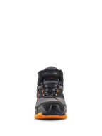 Alpinestars CR-X Drystar® Riding Shoes, vista frontale, nero, marrone chiaro e arancione, con sistema di allacciatura sicuro e cinturino superiore sulla caviglia, punta protettiva e robusta suola arancione, calzature da moto urbane impermeabili