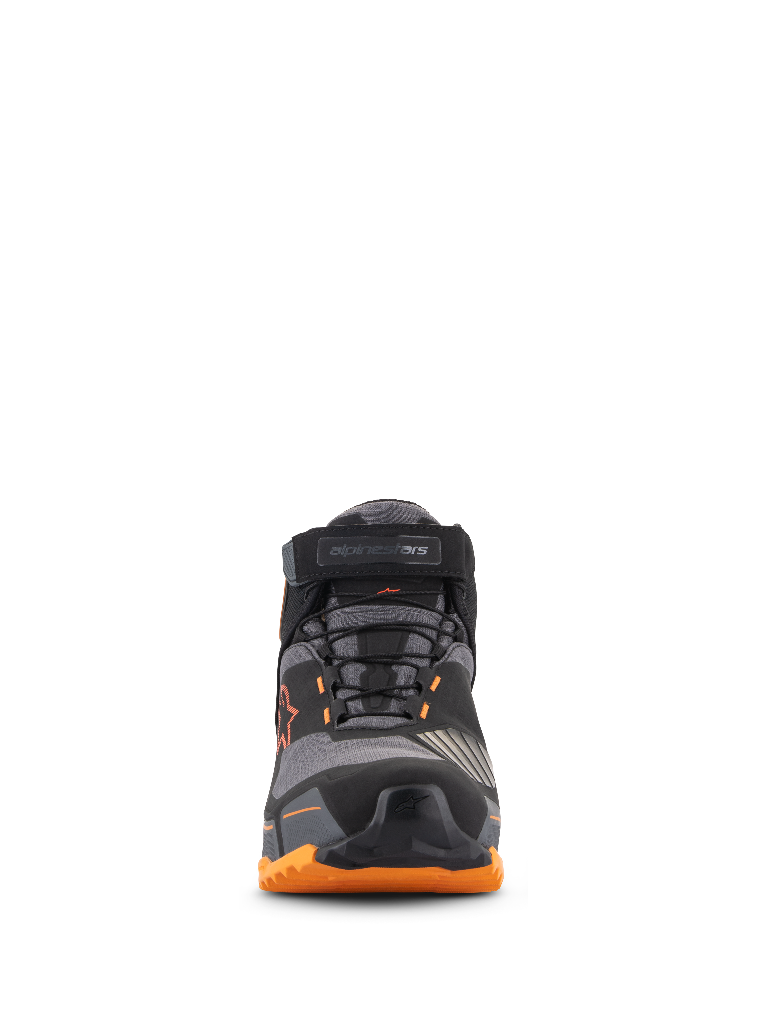 Alpinestars CR-X Drystar® Riding Shoes, vista frontale, nero, marrone chiaro e arancione, con sistema di allacciatura sicuro e cinturino superiore sulla caviglia, punta protettiva e robusta suola arancione, calzature da moto urbane impermeabili