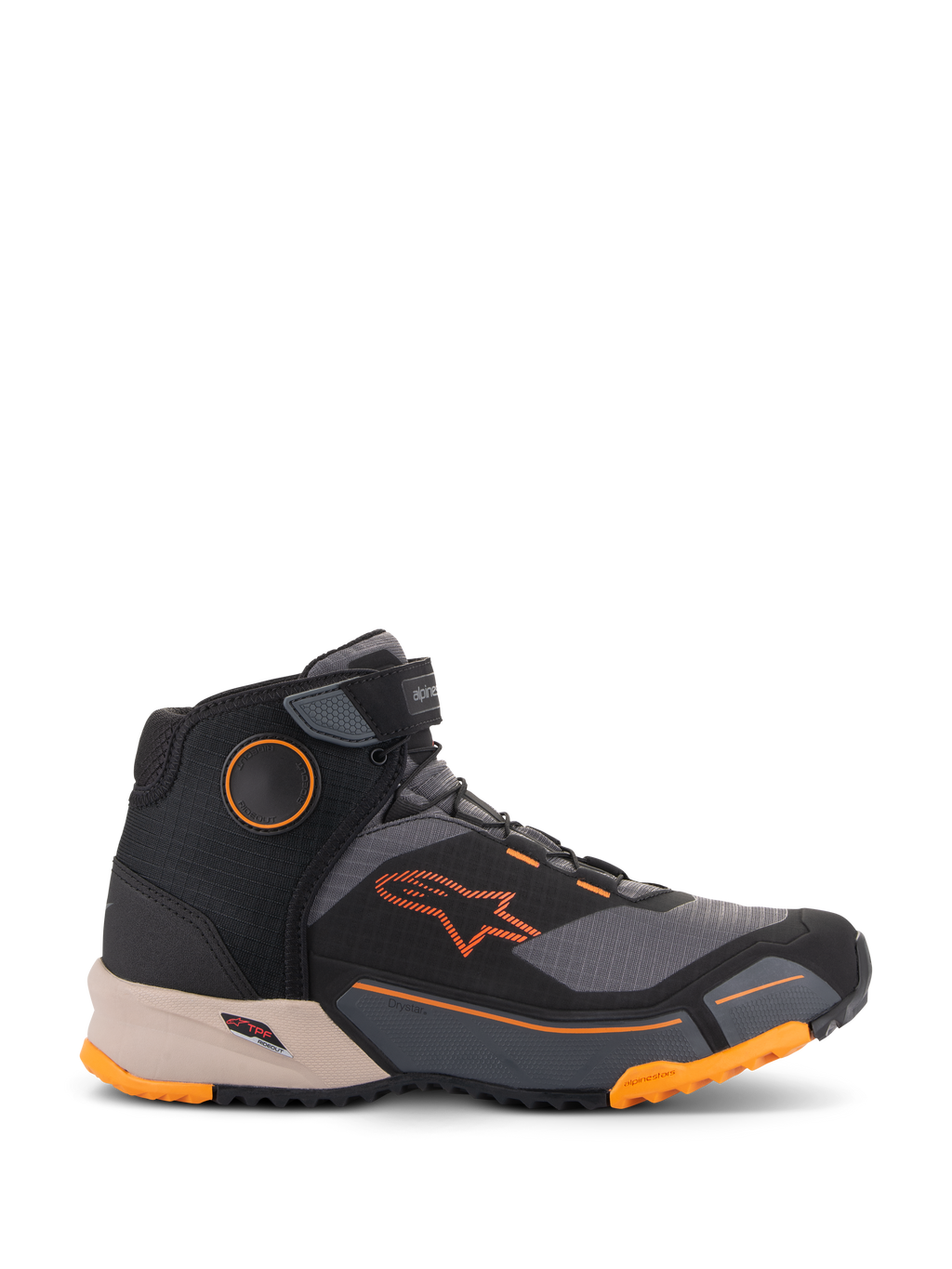 Alpinestars CR-X Drystar® Riding Shoes, scarpe da moto urban, nero, grigio e arancione con intersuola marrone chiaro, design a collo alto con cinturino in velcro sulla caviglia, logo arancione vivace e suola robusta con accenti arancioni