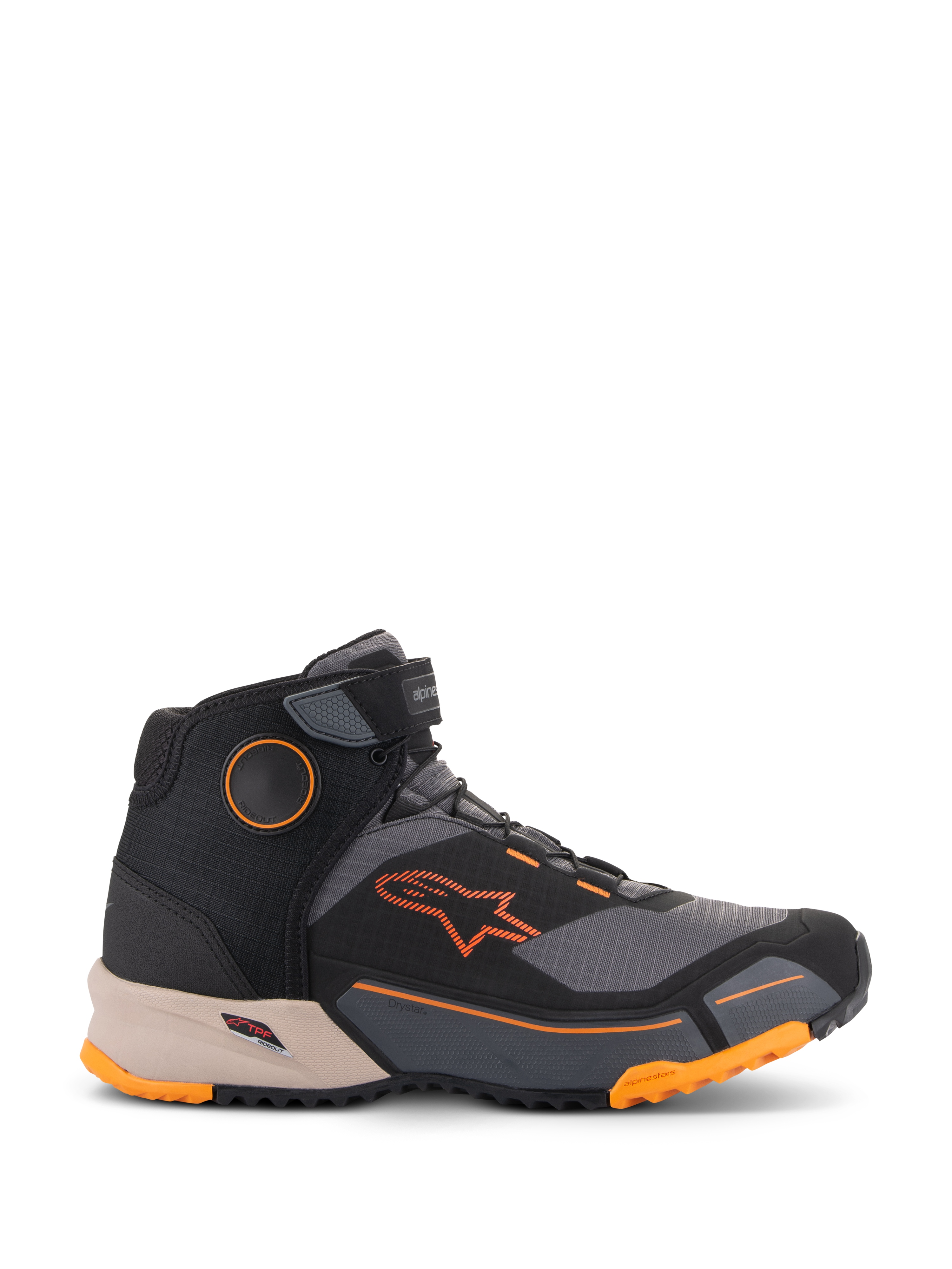 Alpinestars CR-X Drystar® Riding Shoes, scarpe da moto urban, nero, grigio e arancione con intersuola marrone chiaro, design a collo alto con cinturino in velcro sulla caviglia, logo arancione vivace e suola robusta con accenti arancioni