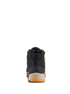 Scarpe da moto Alpinestars CR-X Drystar®, nero, marrone chiaro e arancione, vista posteriore con tallone rinforzato e piccolo logo Alpinestars, colletto imbottito e dettagli della suola arancioni, calzature da moto impermeabili.