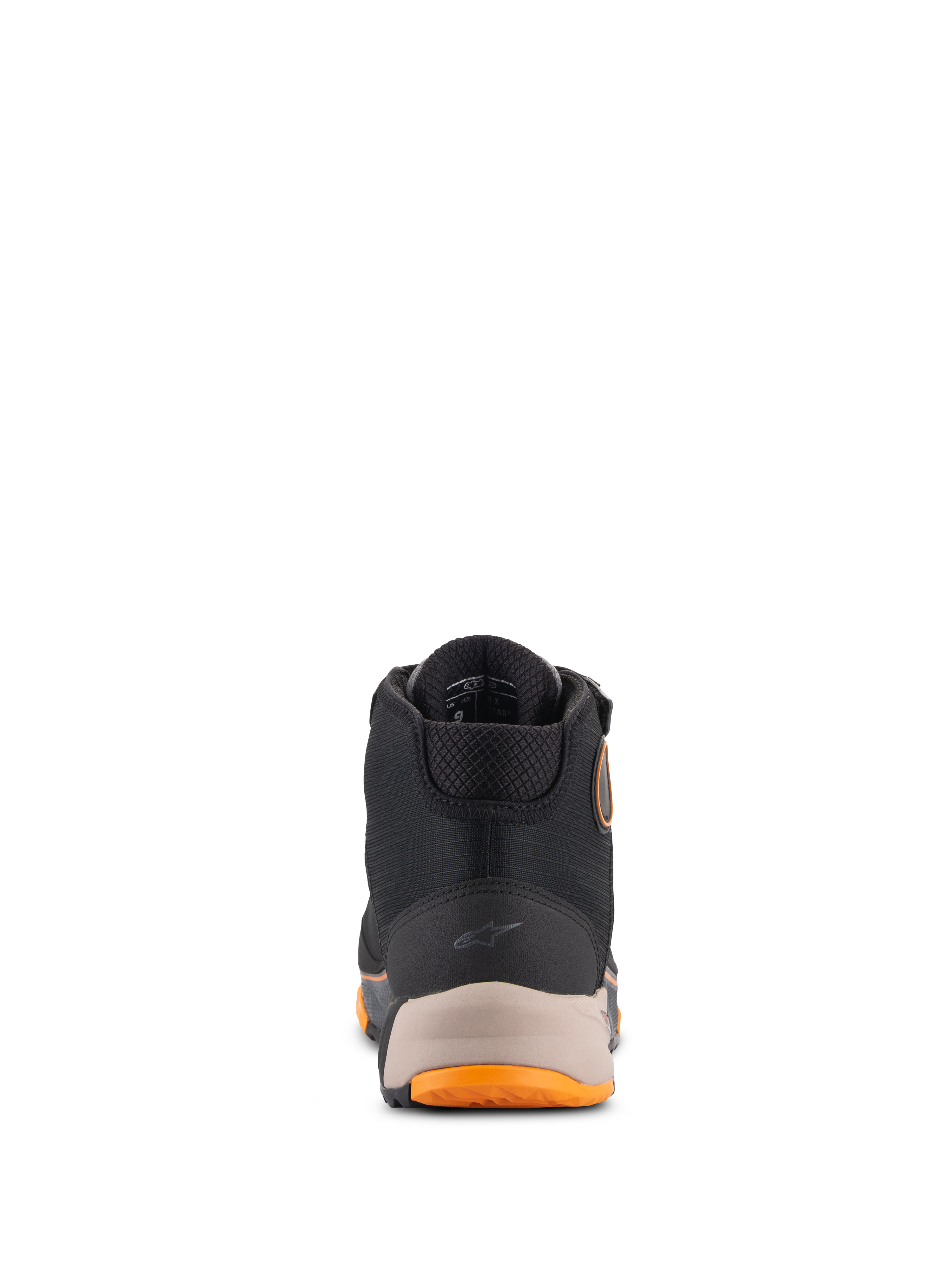 Scarpe da moto Alpinestars CR-X Drystar®, nero, marrone chiaro e arancione, vista posteriore con tallone rinforzato e piccolo logo Alpinestars, colletto imbottito e dettagli della suola arancioni, calzature da moto impermeabili.