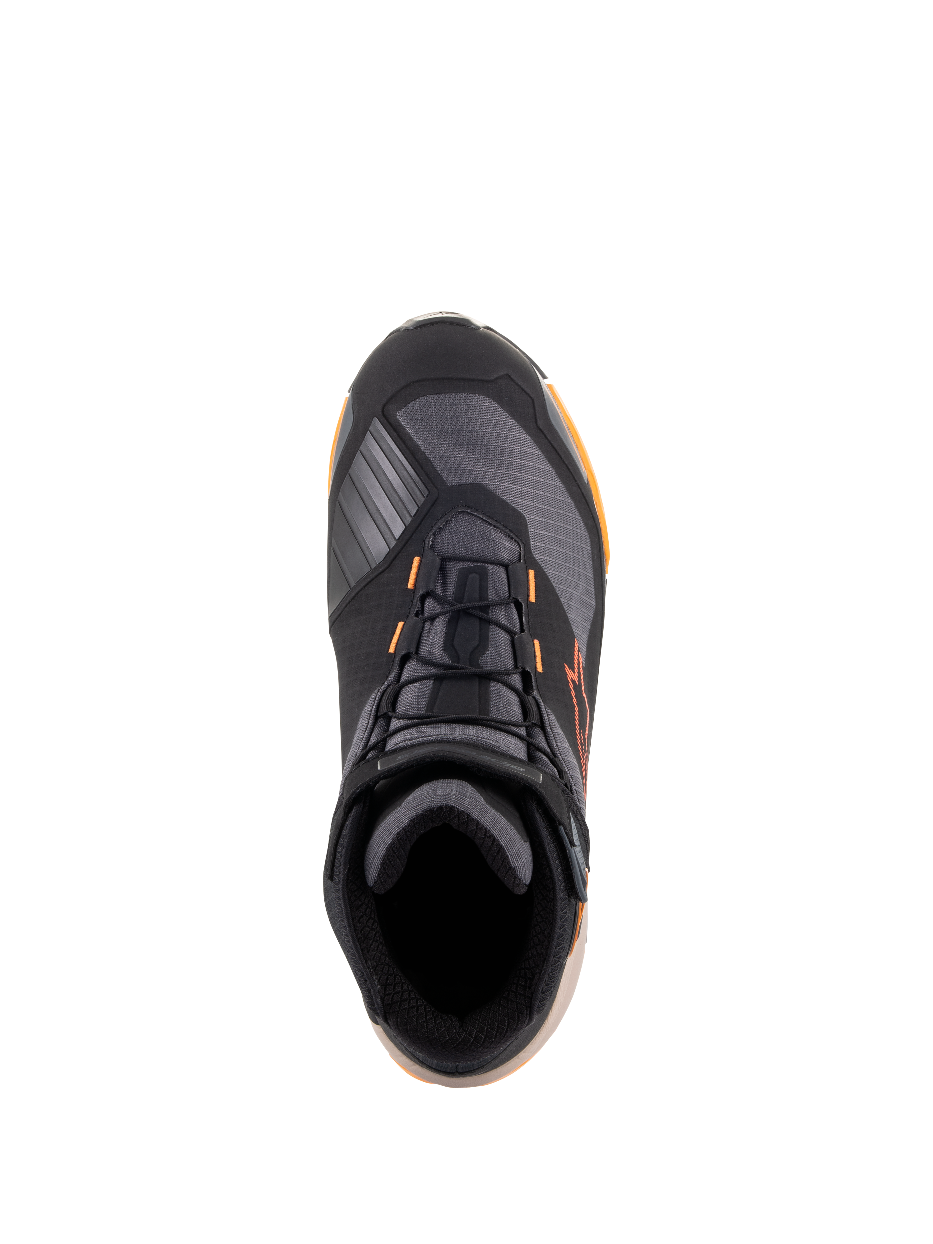 Scarpe da moto Alpinestars CR-X Drystar®, vista dall'alto, colorazione Nero Marrone Chiaro Arancione, calzature da moto in stile sportivo con lacci neri, dettagli arancioni e suola marrone chiaro, protezione impermeabile per guida urbana e su strada.
