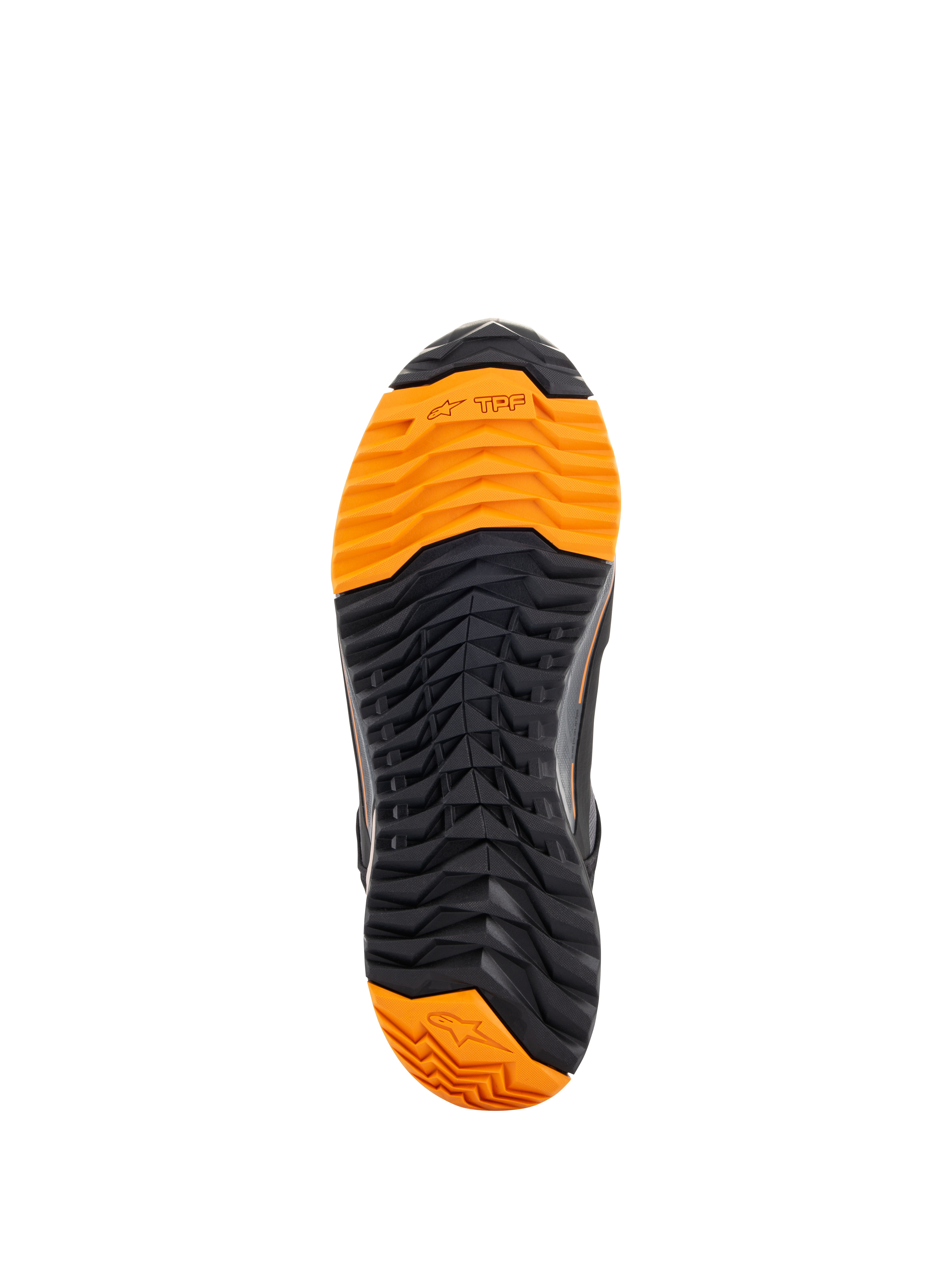 Alpinestars CR-X Drystar® Riding Shoes, vista della suola, battistrada nero e arancione acceso, tassellatura aggressiva per il grip, con loghi TPF e stella Alpinestars, progettate per la guida e il comfort nella camminata