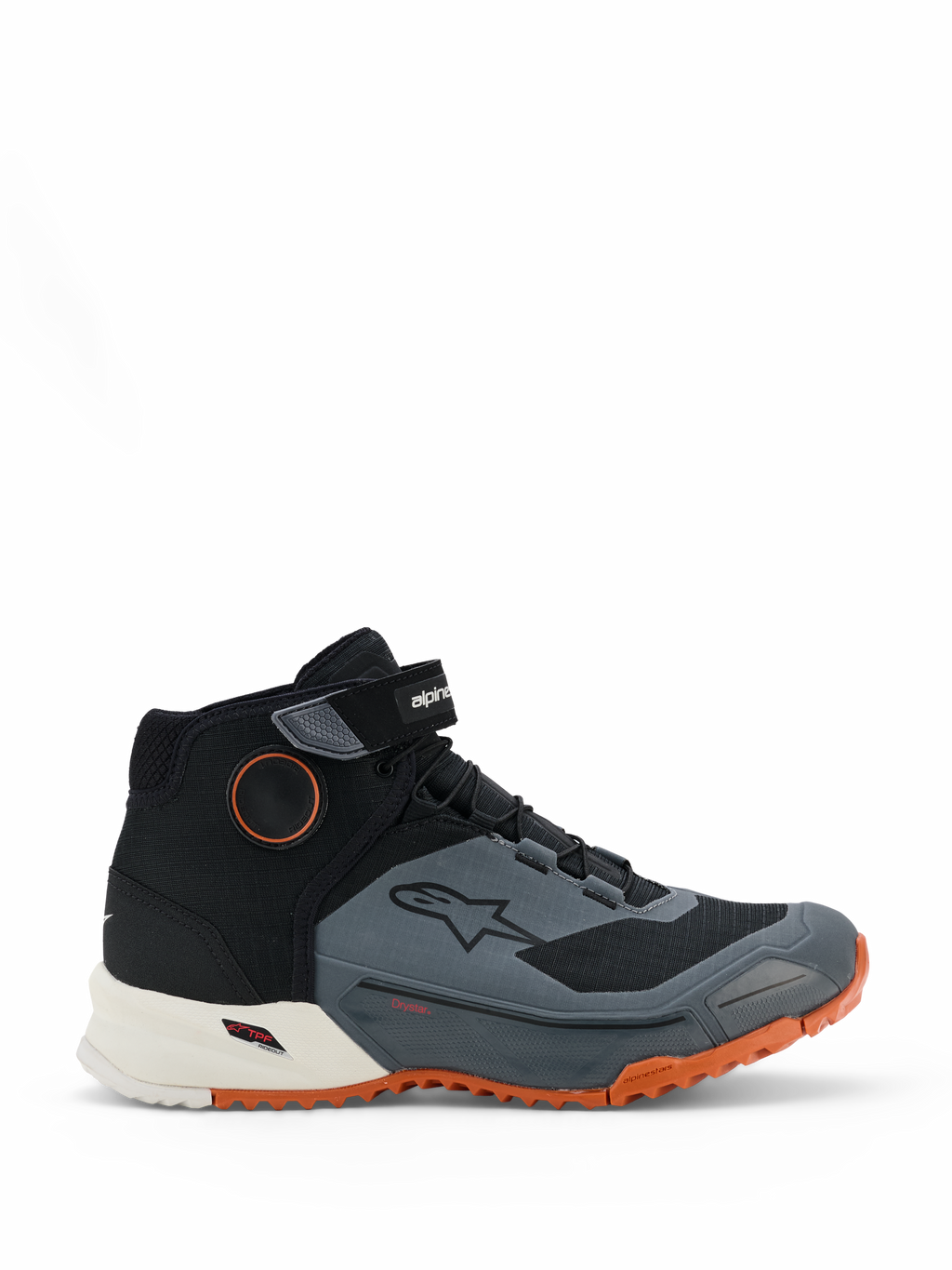 Scarpe da moto Alpinestars CR-X Drystar, scarpe da guida per motocicletta, nero, grigio scuro e ruggine, caratterizzate da un design a profilo alto con cinturino in velcro sulla caviglia, membrana impermeabile Drystar, intersuola bianca e suola robusta arancione brillante