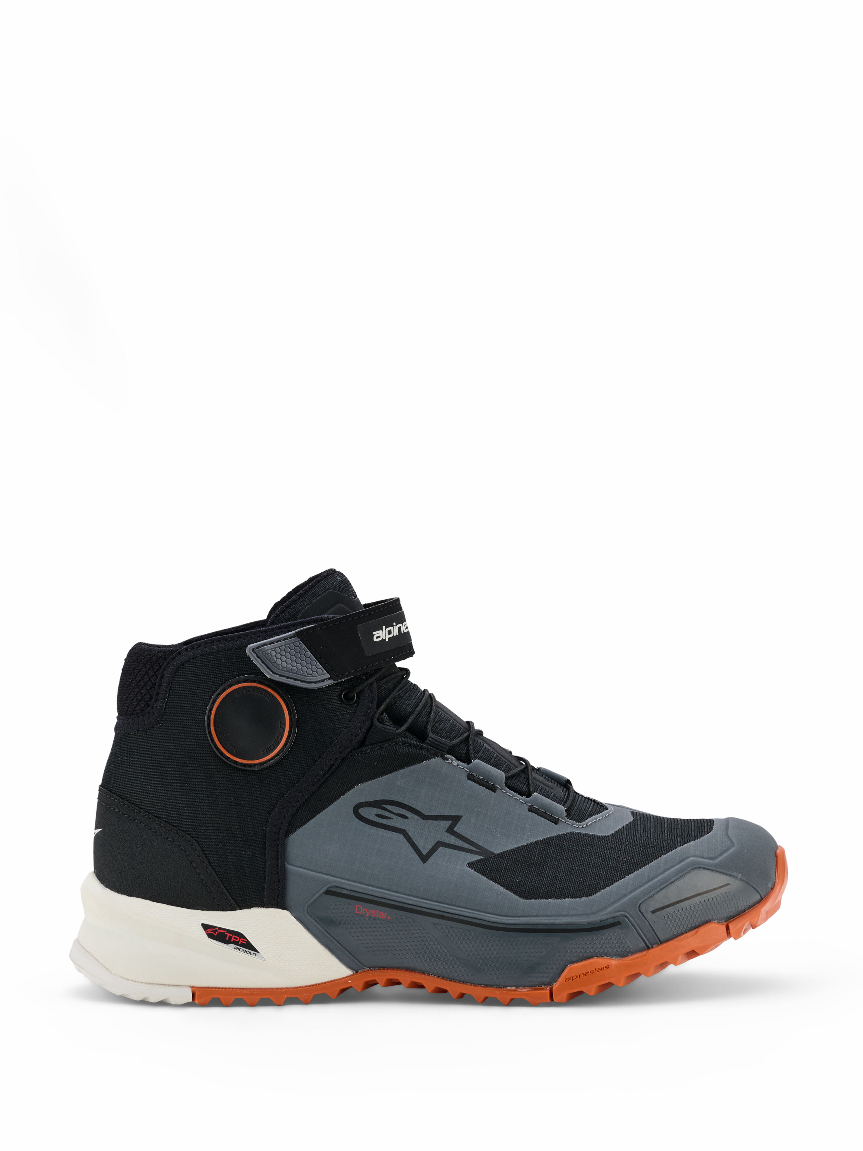 Scarpe da moto Alpinestars CR-X Drystar, scarpe da guida per motocicletta, nero, grigio scuro e ruggine, caratterizzate da un design a profilo alto con cinturino in velcro sulla caviglia, membrana impermeabile Drystar, intersuola bianca e suola robusta arancione brillante