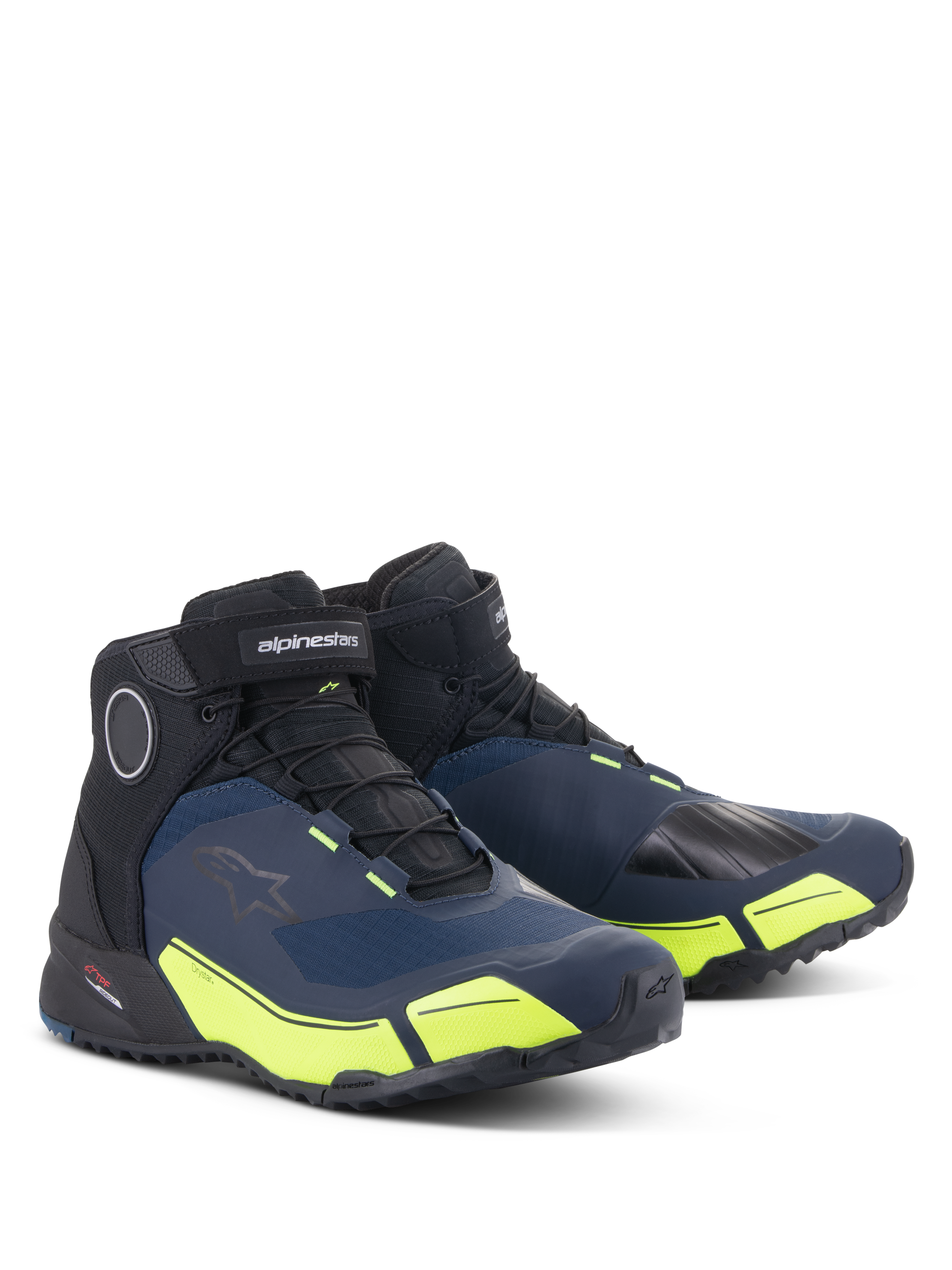 Scarpe da moto Alpinestars CR-X Drystar®, nero, blu scuro e giallo fluo, scarpe da moto impermeabili con silhouette da scarpa da running, design a taglio medio dallo stile atletico e vivaci accenti giallo fluorescente