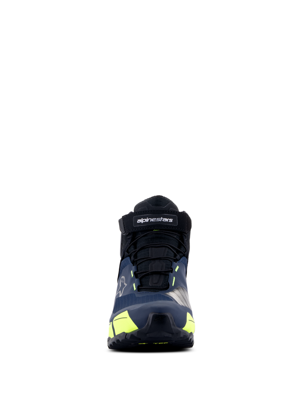 Alpinestars CR-X Drystar® Riding Shoes, scarpe da moto, nero, blu scuro e giallo fluo, vista frontale, con cinturino in velcro con marchio Alpinestars, lacci neri e vivaci accenti gialli, design d'ispirazione sportiva per un comfort duraturo.