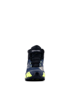 Alpinestars CR-X Drystar® Riding Shoes, scarpe da moto, nero, blu scuro e giallo fluo, vista frontale, con cinturino in velcro con marchio Alpinestars, lacci neri e vivaci accenti gialli, design d'ispirazione sportiva per un comfort duraturo.