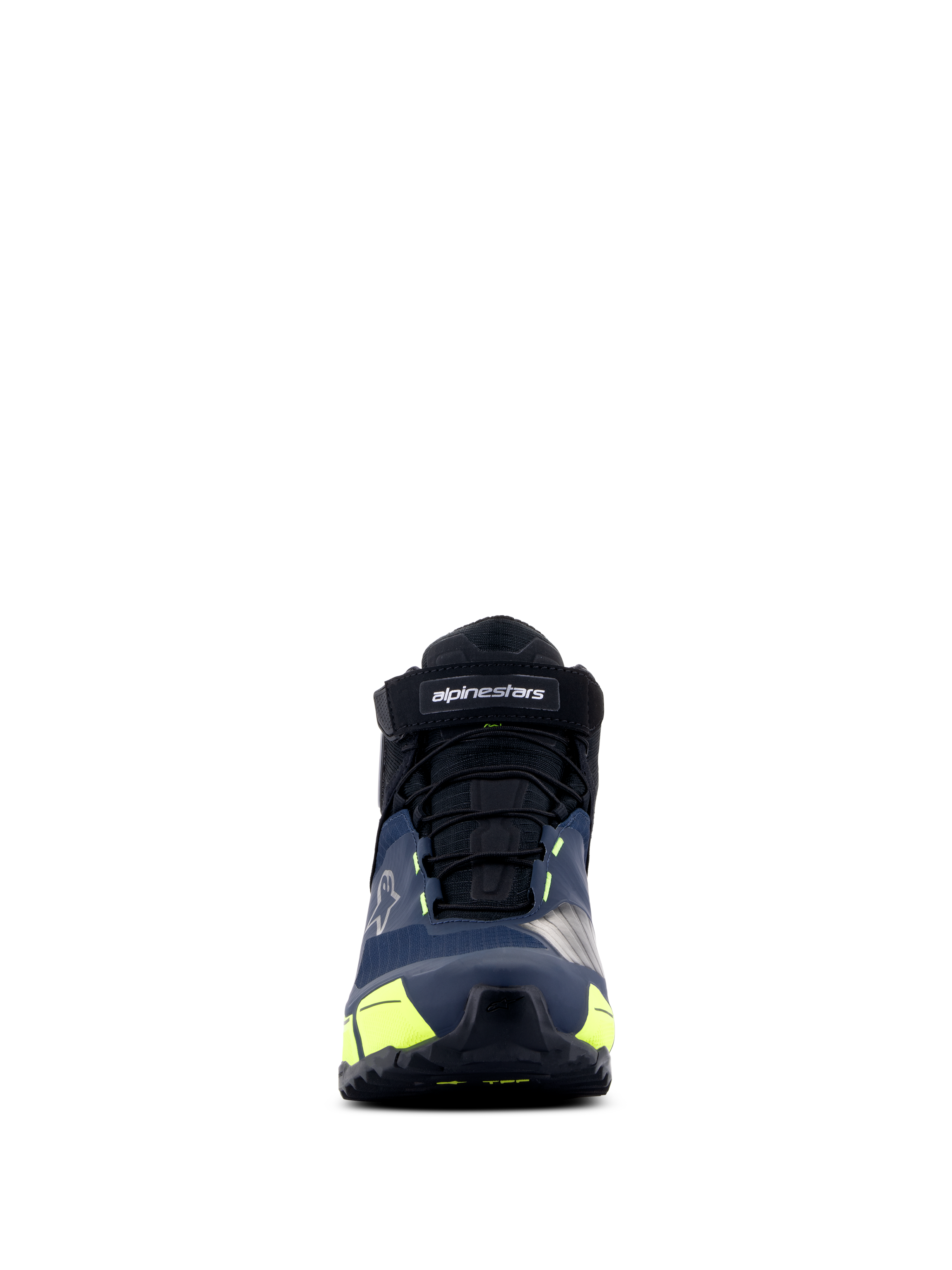 Alpinestars CR-X Drystar® Riding Shoes, scarpe da moto, nero, blu scuro e giallo fluo, vista frontale, con cinturino in velcro con marchio Alpinestars, lacci neri e vivaci accenti gialli, design d'ispirazione sportiva per un comfort duraturo.