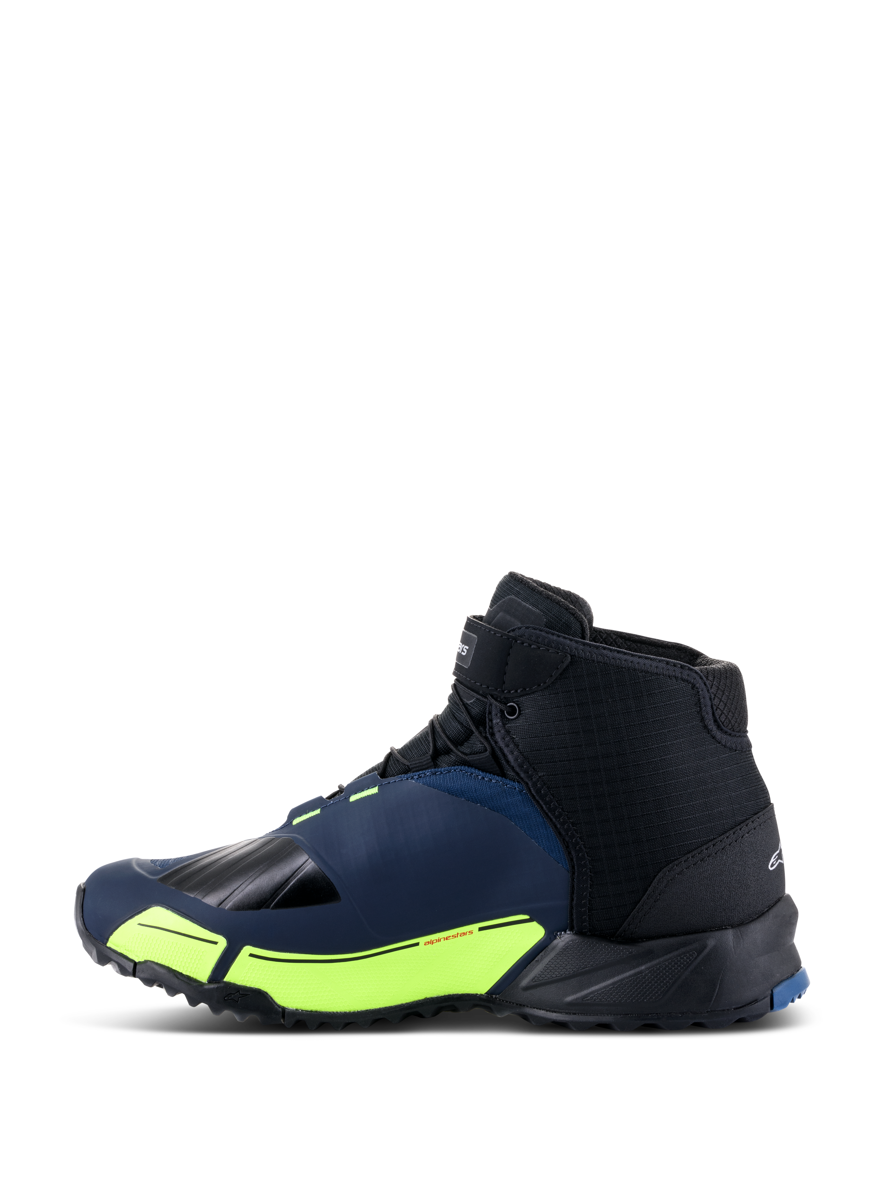 Scarpe da moto Alpinestars CR-X Drystar®, scarpe da guida motociclistica, nero, blu scuro e giallo fluo, profilo laterale con silhouette da scarpa da running, membrana Drystar impermeabile, dettagli giallo fluo nell'intersuola e punta e tallone rinforzati per la protezione.