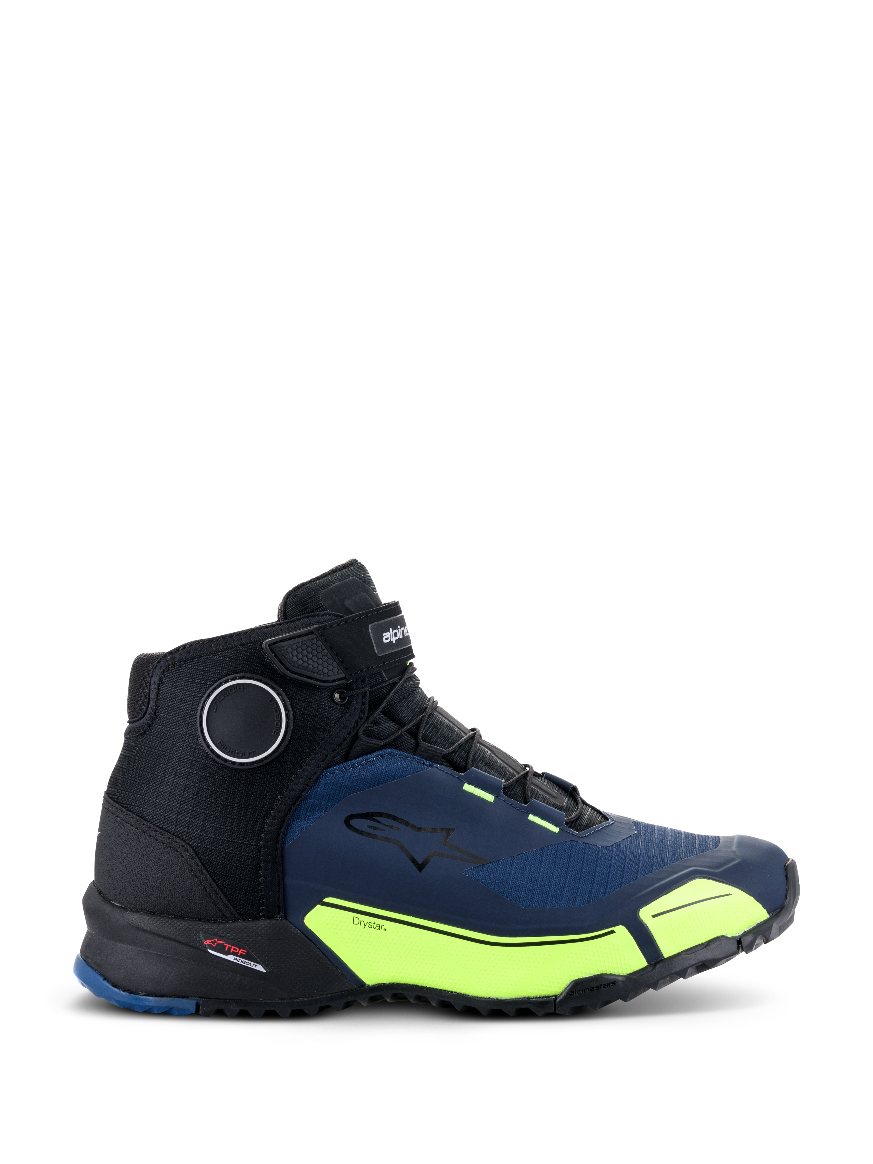 Alpinestars CR-X Drystar® Riding Shoes, scarpe da moto, nero, blu scuro e giallo fluo, design sportivo con lacci neri e cinturino in velcro superiore, accenti giallo brillante sull'intersuola con logo Drystar, logo a stella Alpinestars sul lato, calzature tecniche per la guida urbana