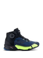 Scarpe da moto Alpinestars CR-X Drystar®, nero, blu scuro e giallo fluo, calzature da moto d'ispirazione atletica con accenti giallo fluorescente e pannelli blu scuro, design impermeabile con silhouette da scarpa da running per un comfort prolungato.