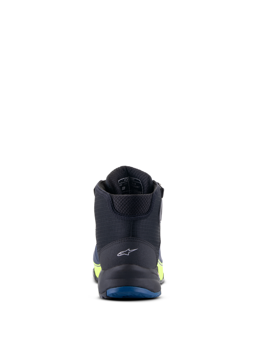 Alpinestars CR-X Drystar® Riding Shoes, scarpe da moto, nero, blu scuro e giallo fluo, vista posteriore con logo sul tallone e suola blu, impermeabili con accenti giallo fluorescente
