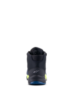 Alpinestars CR-X Drystar® Riding Shoes, scarpe da moto, nero, blu scuro e giallo fluo, vista posteriore con logo sul tallone e suola blu, impermeabili con accenti giallo fluorescente