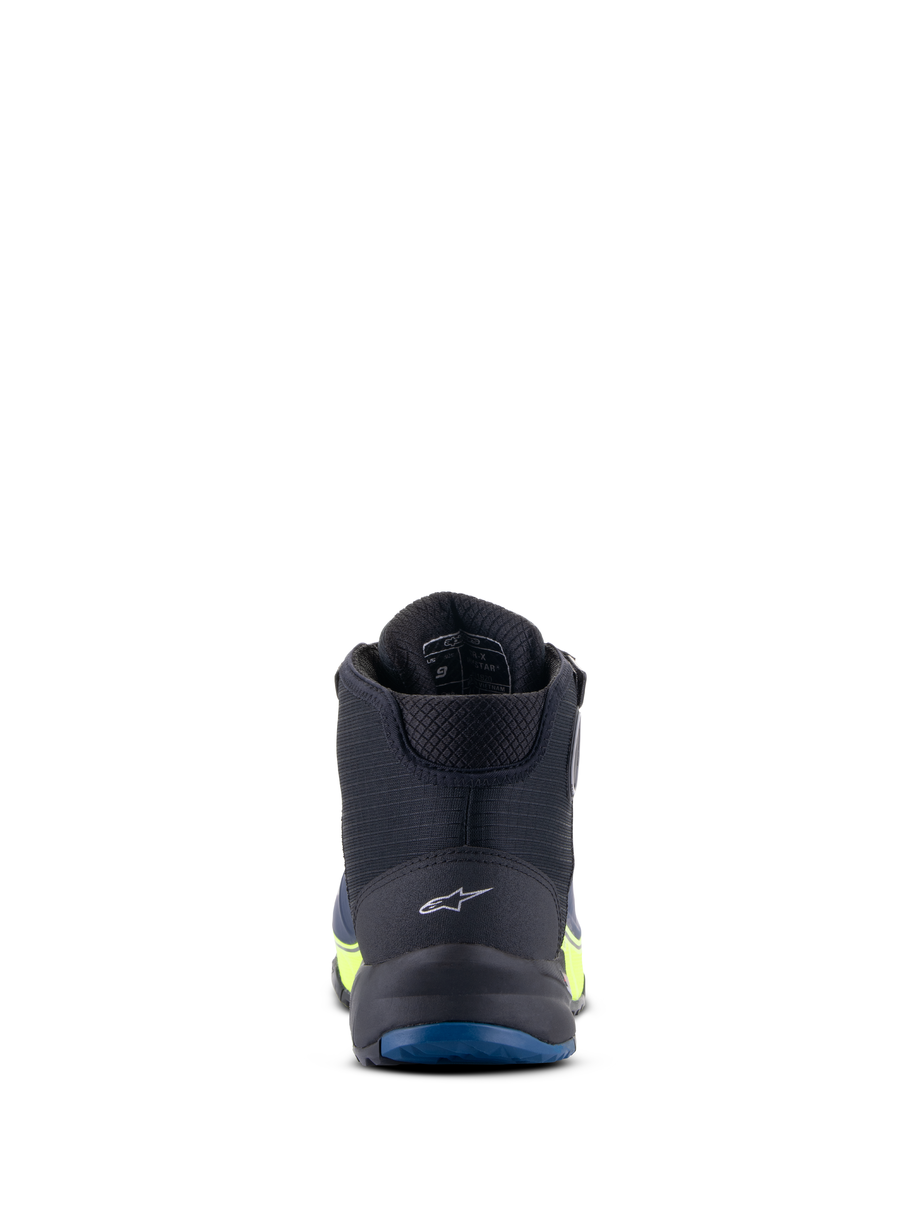 Alpinestars CR-X Drystar® Riding Shoes, scarpe da moto, nero, blu scuro e giallo fluo, vista posteriore con logo sul tallone e suola blu, impermeabili con accenti giallo fluorescente
