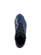 Alpinestars CR-X Drystar® Riding Shoes, vista dall'alto, nero, blu scuro e giallo fluo, scarpe da moto impermeabili con silhouette da scarpa da running, lacci neri e vivaci accenti gialli su tomaia blu scuro