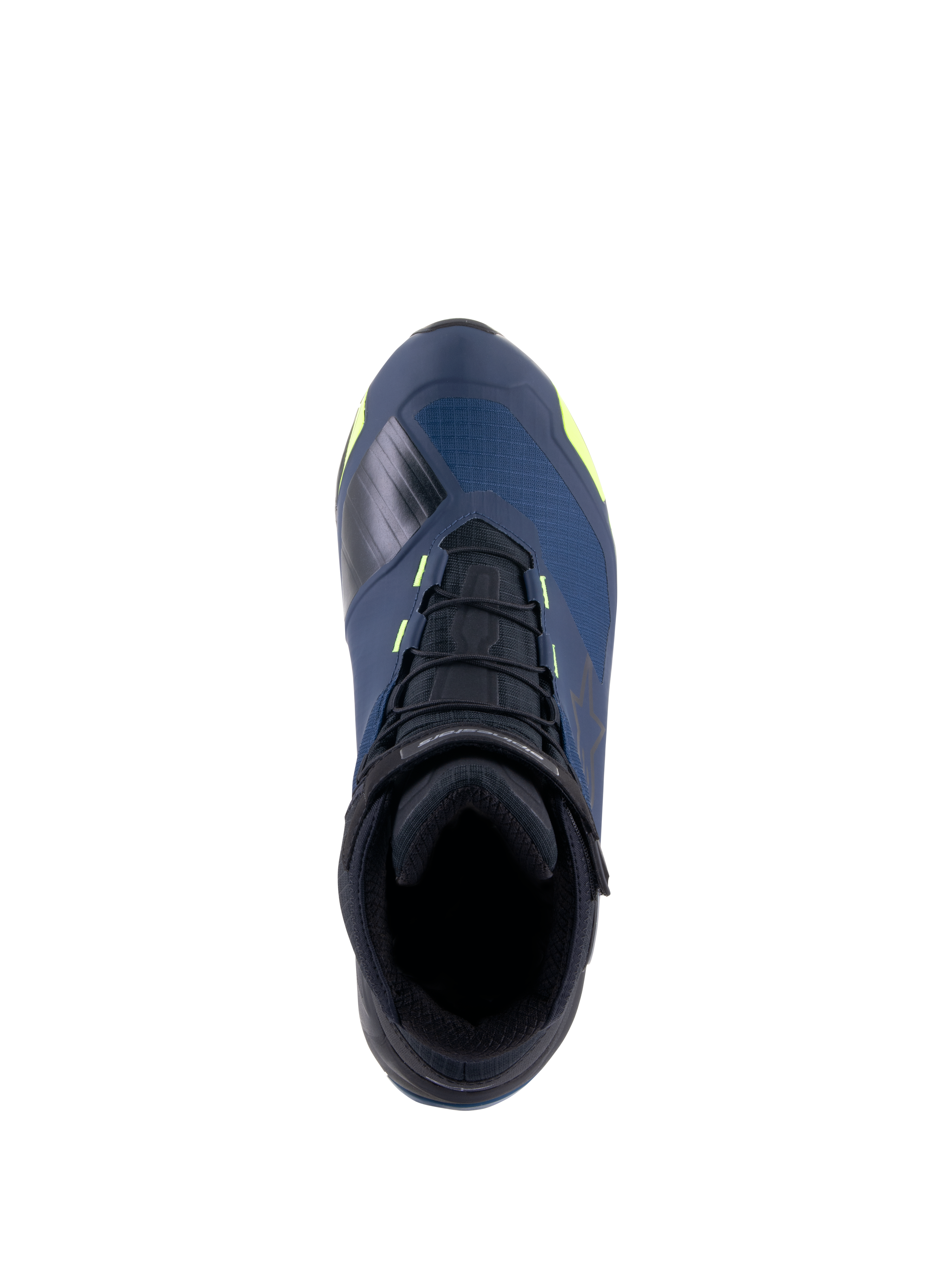 Alpinestars CR-X Drystar® Riding Shoes, vista dall'alto, nero, blu scuro e giallo fluo, scarpe da moto impermeabili con silhouette da scarpa da running, lacci neri e vivaci accenti gialli su tomaia blu scuro