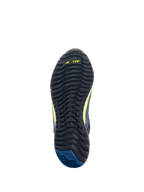Scarpe da moto Alpinestars CR-X Drystar®, vista della suola, nero con marchio TPF giallo fluo e tallone blu scuro, battistrada robusto per trazione e comfort durante la camminata per tutto il giorno