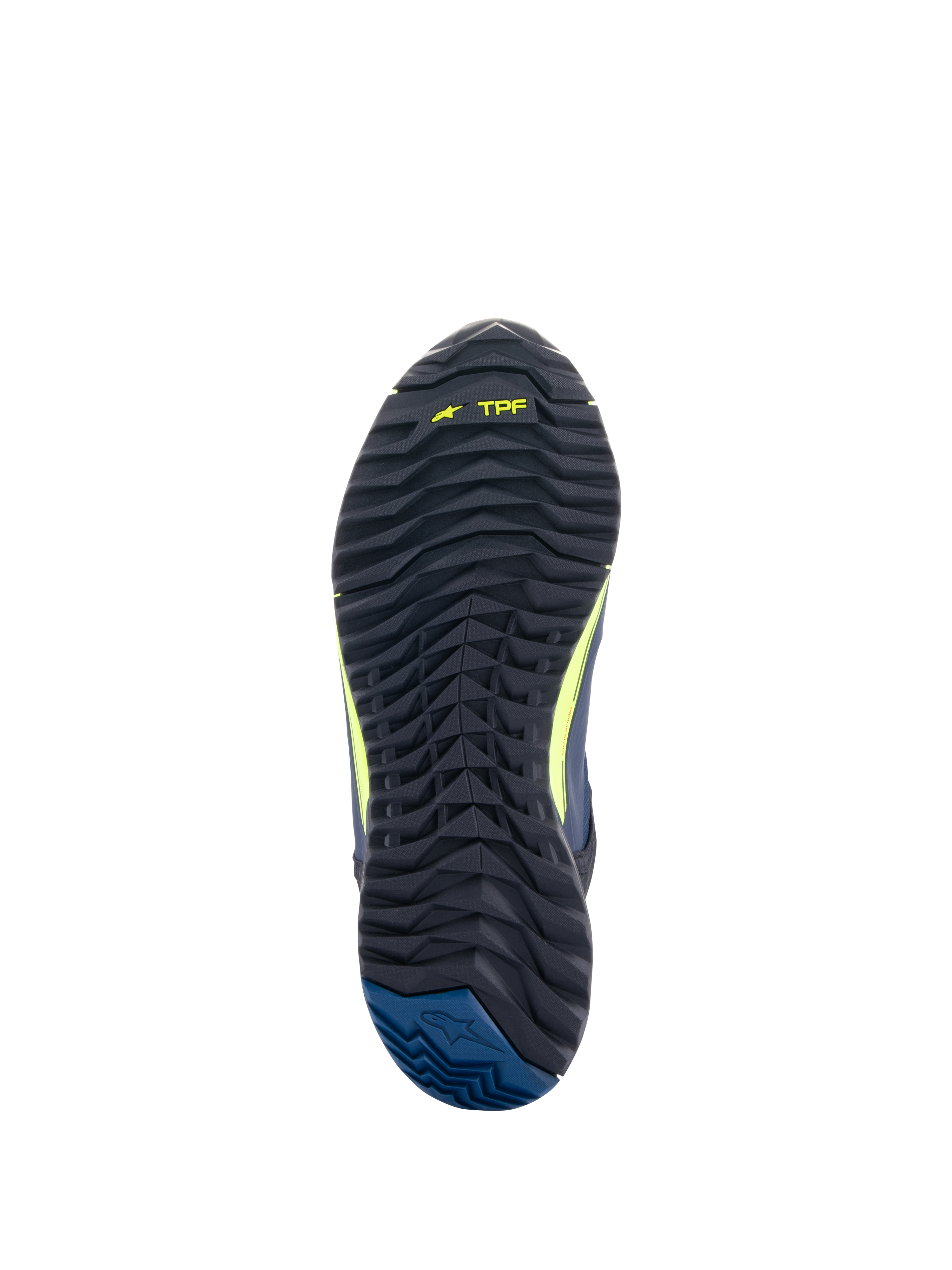 Scarpe da moto Alpinestars CR-X Drystar®, vista della suola, nero con marchio TPF giallo fluo e tallone blu scuro, battistrada robusto per trazione e comfort durante la camminata per tutto il giorno