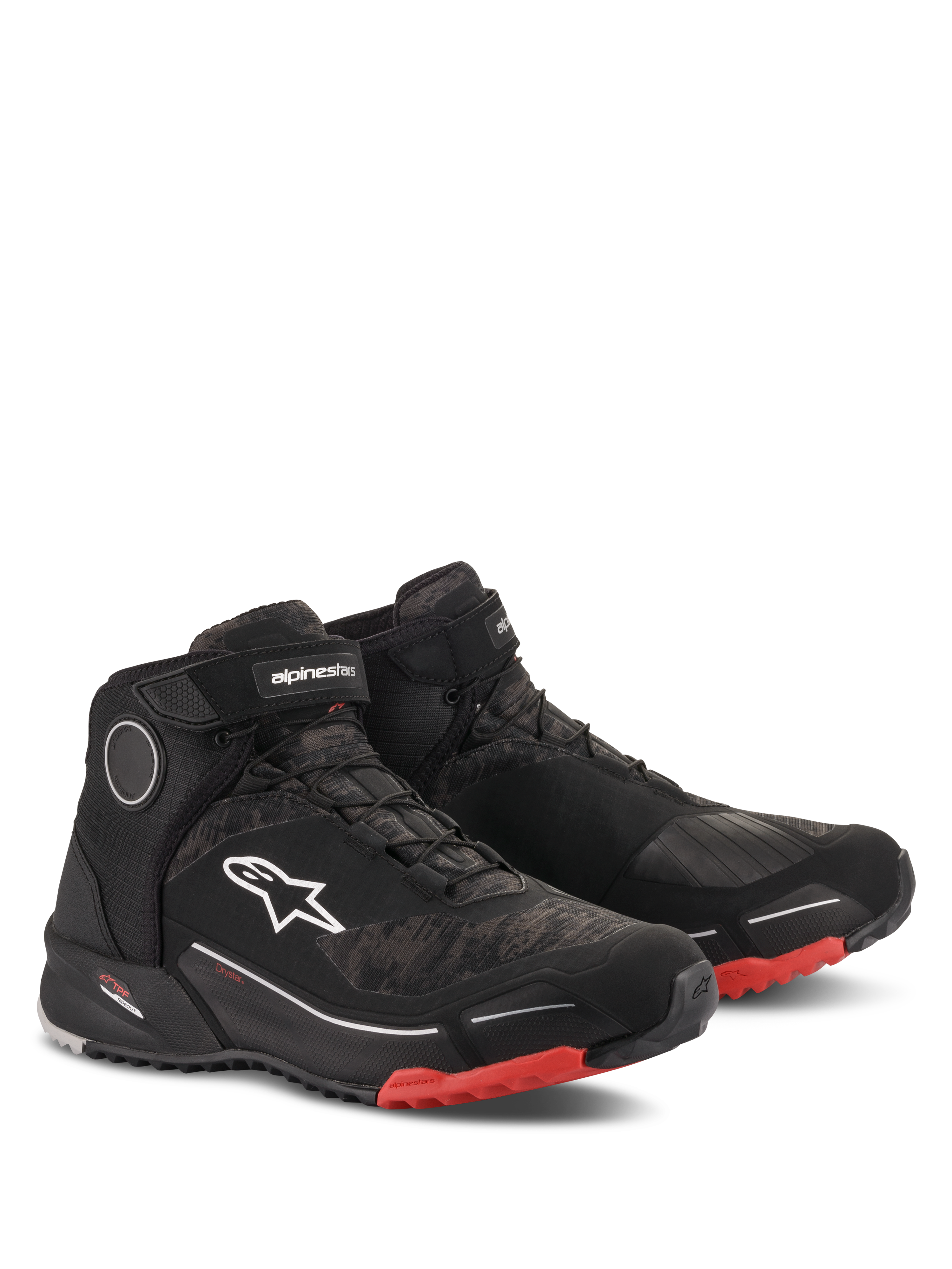 Alpinestars CR-X Drystar Riding Shoes, scarpe da moto, nero camo rosso, design atletico high-top con membrana impermeabile, logo Astars bianco sul lato, dettagli rossi sulla suola esterna e sulla punta, stile urban e adventure touring