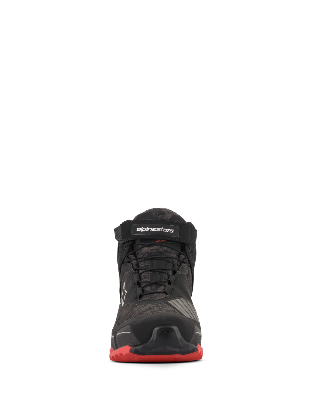 Alpinestars CR-X Drystar® Riding Shoes, scarpe da moto, nero mimetico rosso, vista frontale con motivo mimetico, cinturino alla caviglia nero con logo bianco, lacci neri e dettagli rossi sulla suola