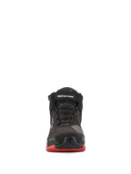 Alpinestars CR-X Drystar® Riding Shoes, scarpe da moto, nero mimetico rosso, vista frontale con motivo mimetico, cinturino alla caviglia nero con logo bianco, lacci neri e dettagli rossi sulla suola