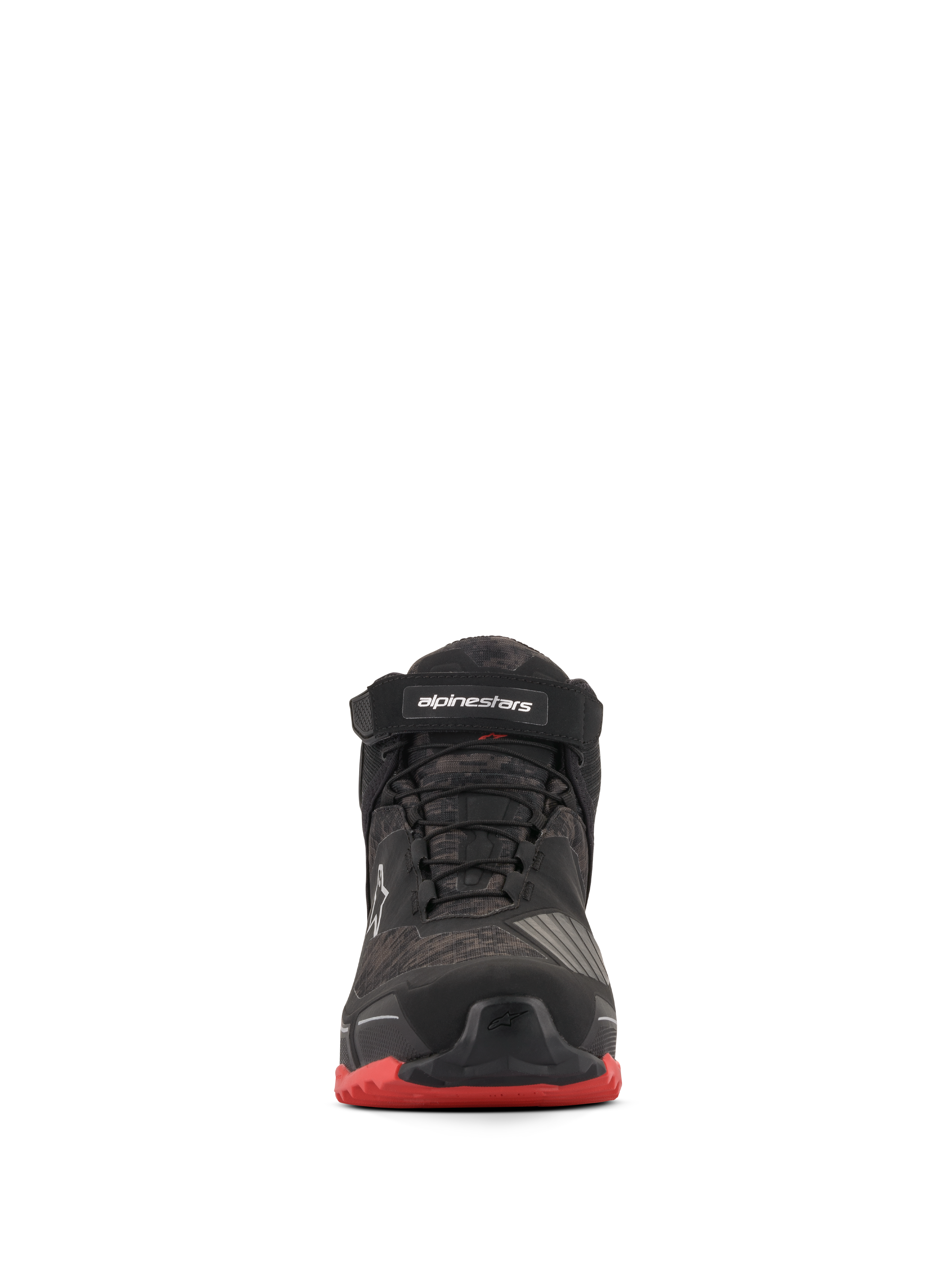 Alpinestars CR-X Drystar® Riding Shoes, scarpe da moto, nero mimetico rosso, vista frontale con motivo mimetico, cinturino alla caviglia nero con logo bianco, lacci neri e dettagli rossi sulla suola