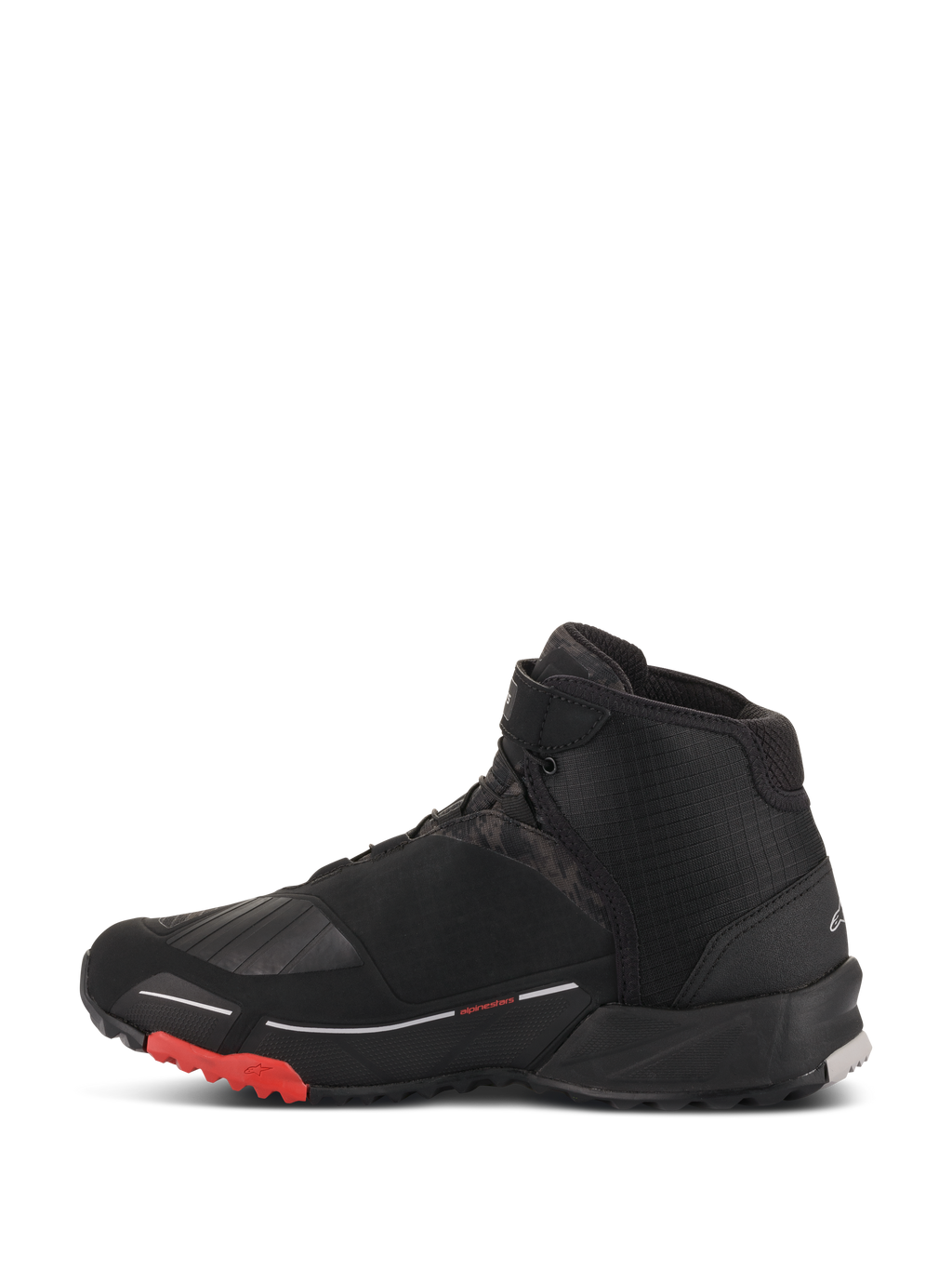 Alpinestars CR-X Drystar® Riding Shoes, nero mimetico rosso, calzature da moto impermeabili, vista di profilo, tomaia in tessuto nero con inserti mimetici scuri, accenti rossi sulla suola esterna e design atletico ispirato alle scarpe da running