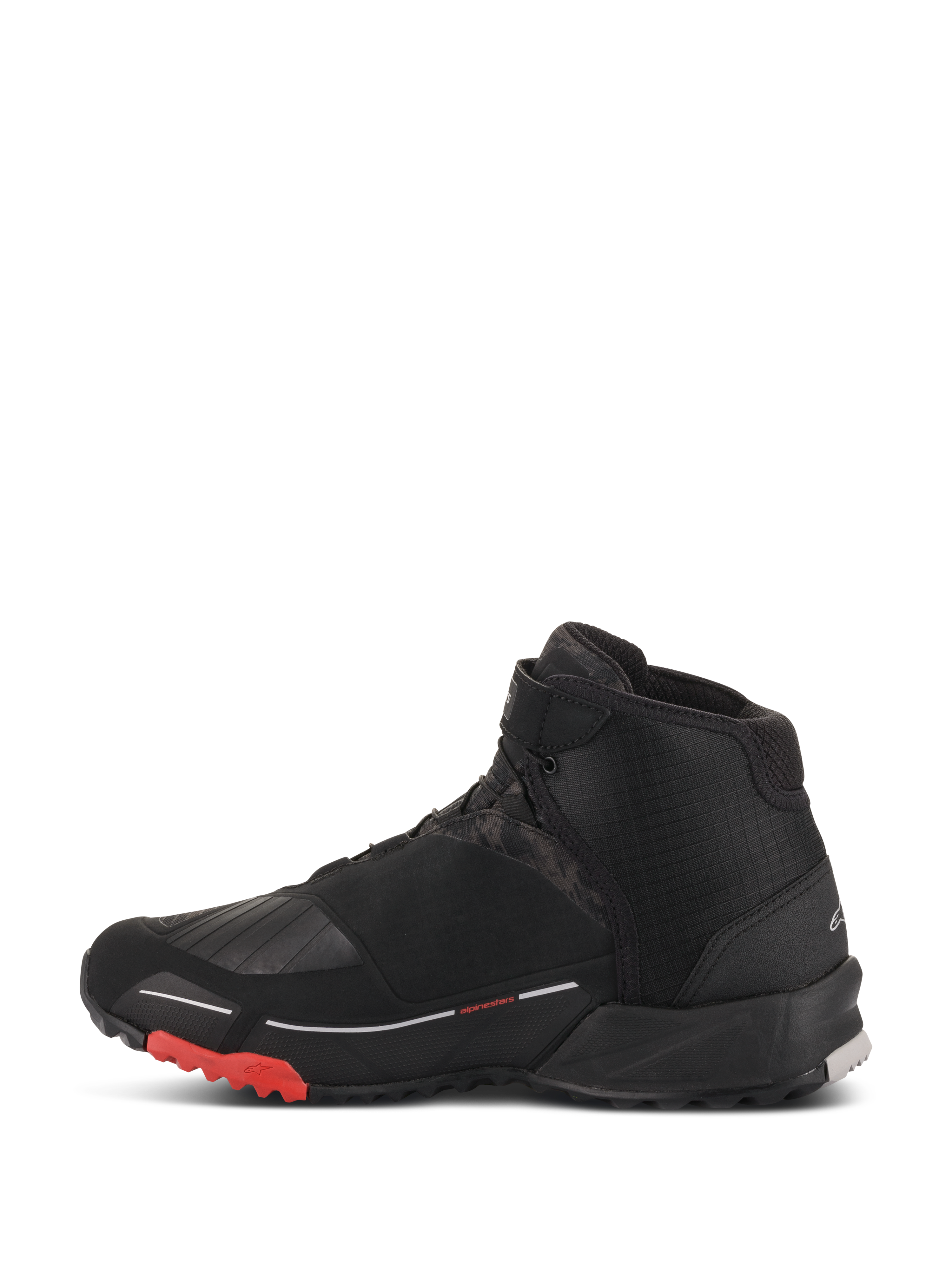 Alpinestars CR-X Drystar® Riding Shoes, nero mimetico rosso, calzature da moto impermeabili, vista di profilo, tomaia in tessuto nero con inserti mimetici scuri, accenti rossi sulla suola esterna e design atletico ispirato alle scarpe da running