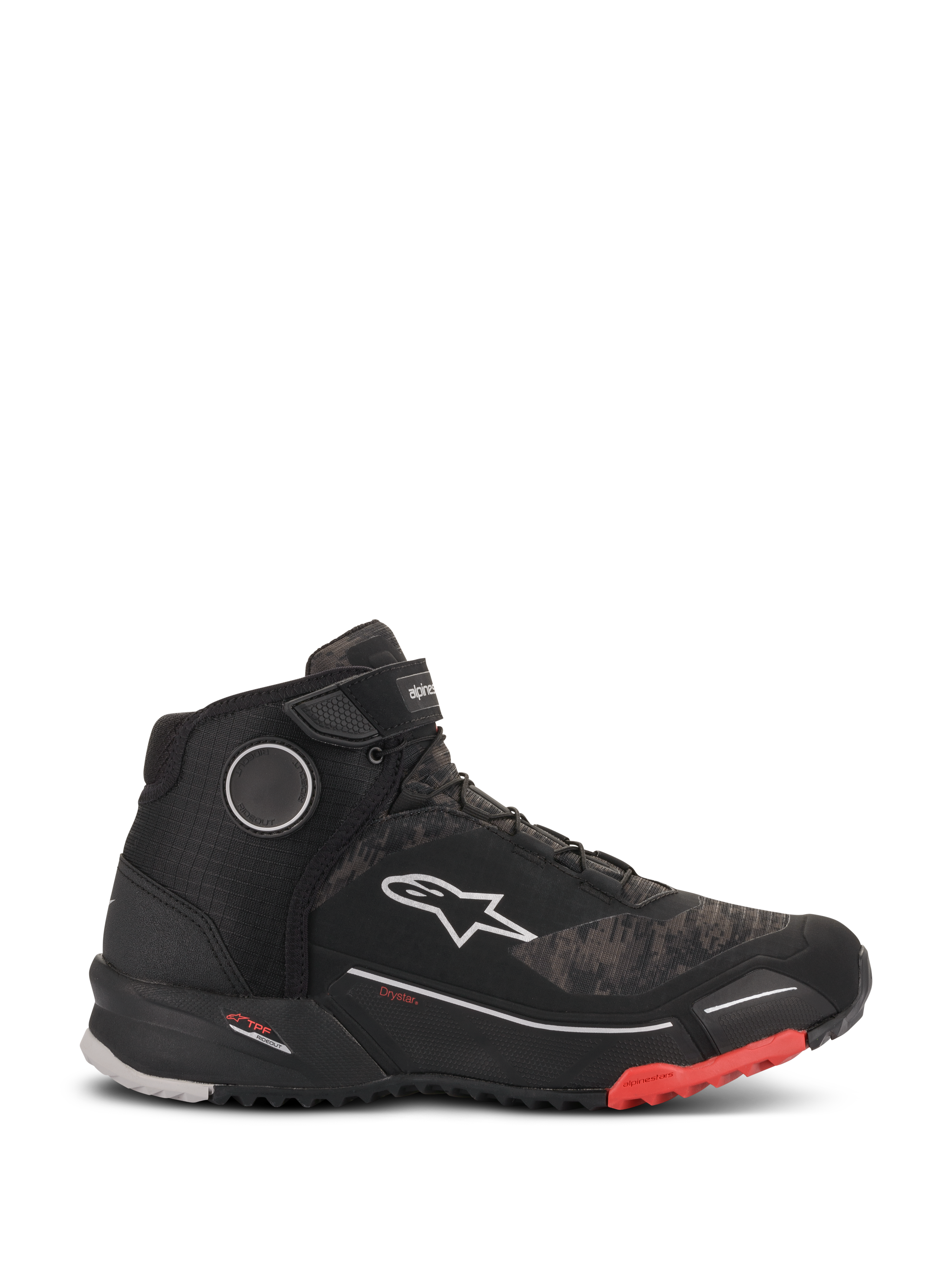 Alpinestars CR-X Drystar Riding Shoes, calzature da moto impermeabili in Black Camo Red, vista laterale con tomaia testurizzata mimetica, logo Alpinestars bianco, cinturino alla caviglia e suola nera zigrinata con dettagli rossi sulla punta.