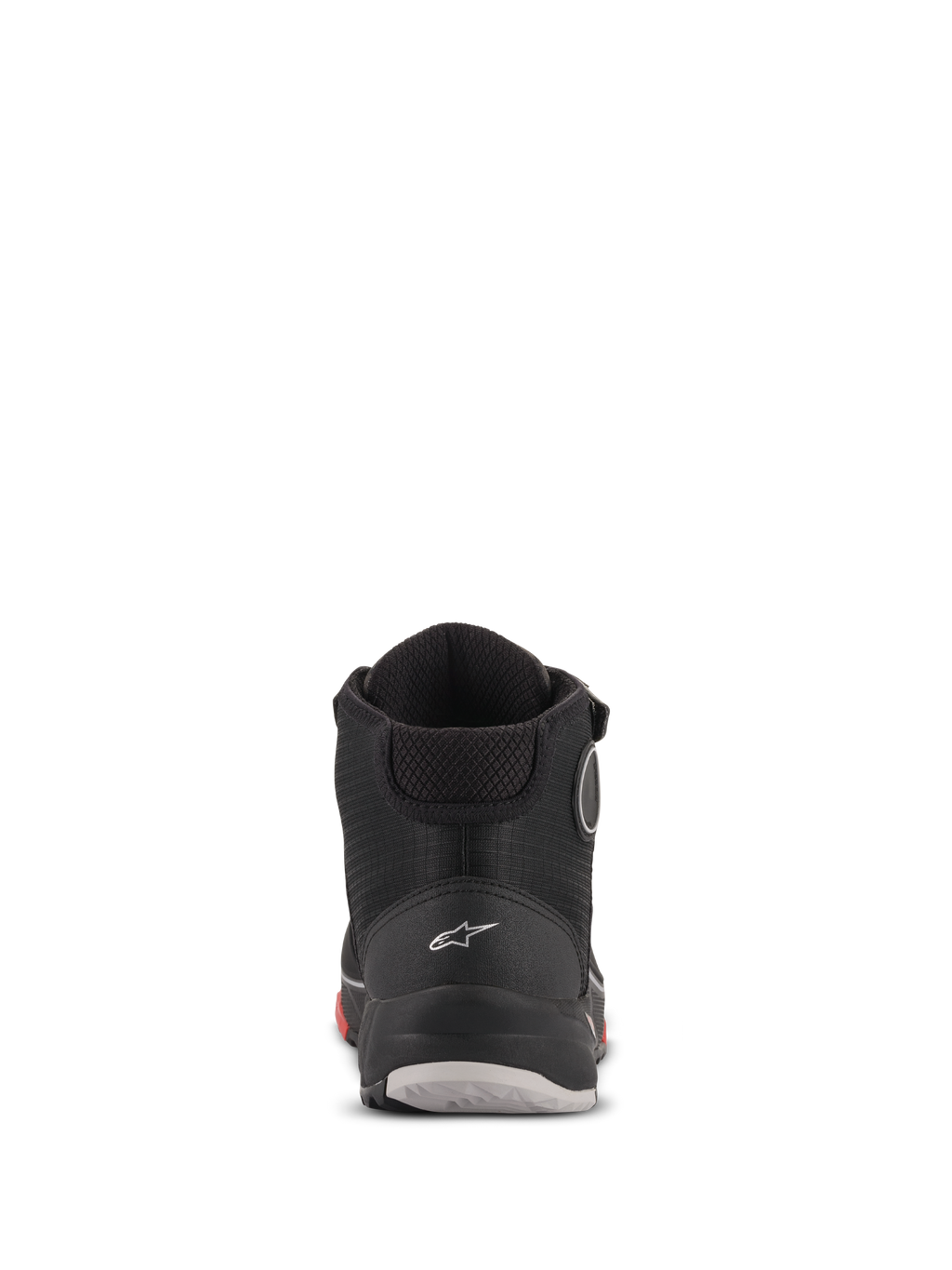 Scarpe da moto Alpinestars CR-X Drystar®, vista posteriore, colore nero camo rosso, logo Alpinestars bianco sul tallone, colletto imbottito e suola resistente con dettagli rossi e grigi