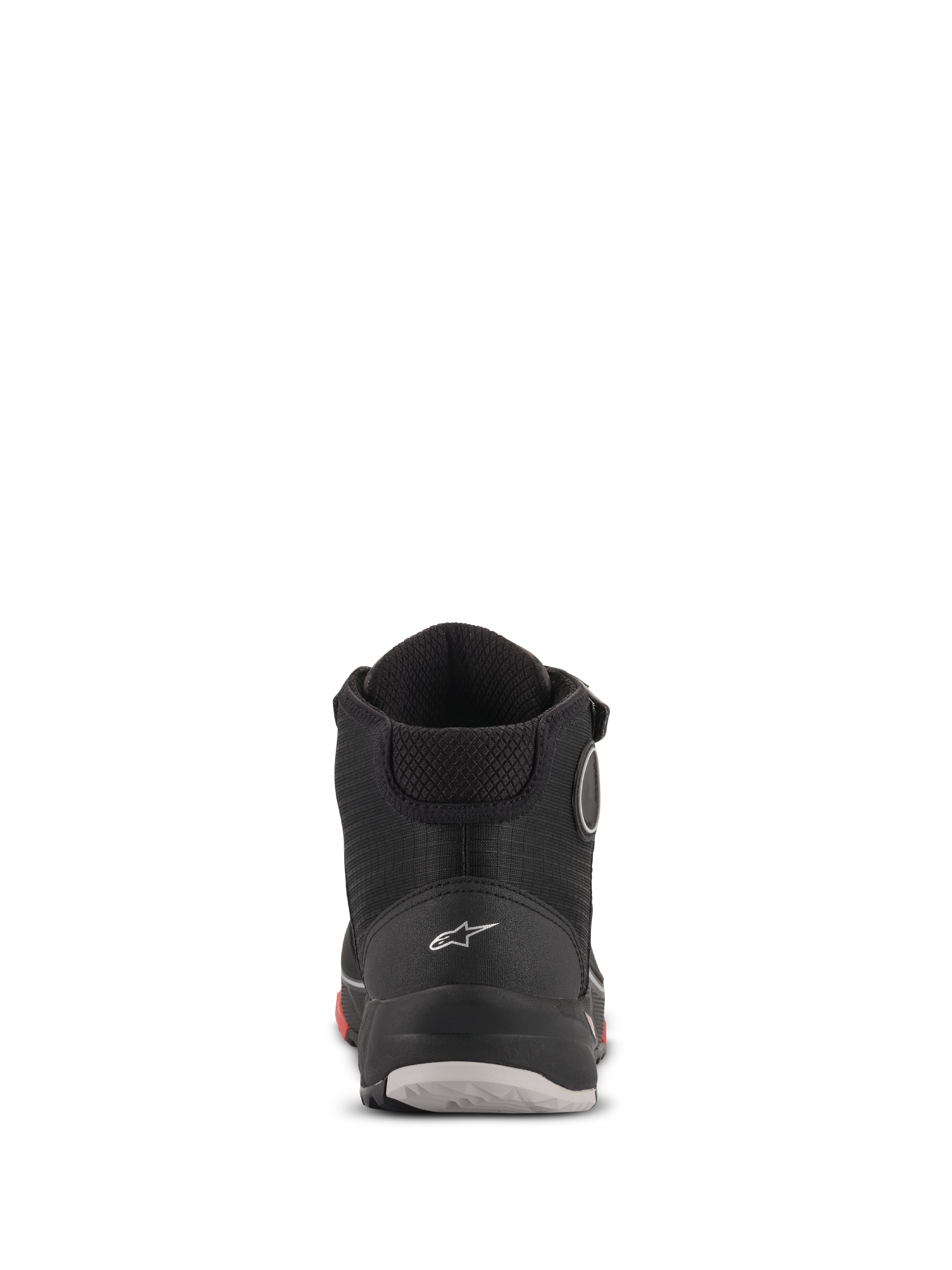 Scarpe da moto Alpinestars CR-X Drystar®, vista posteriore, colore nero camo rosso, logo Alpinestars bianco sul tallone, colletto imbottito e suola resistente con dettagli rossi e grigi