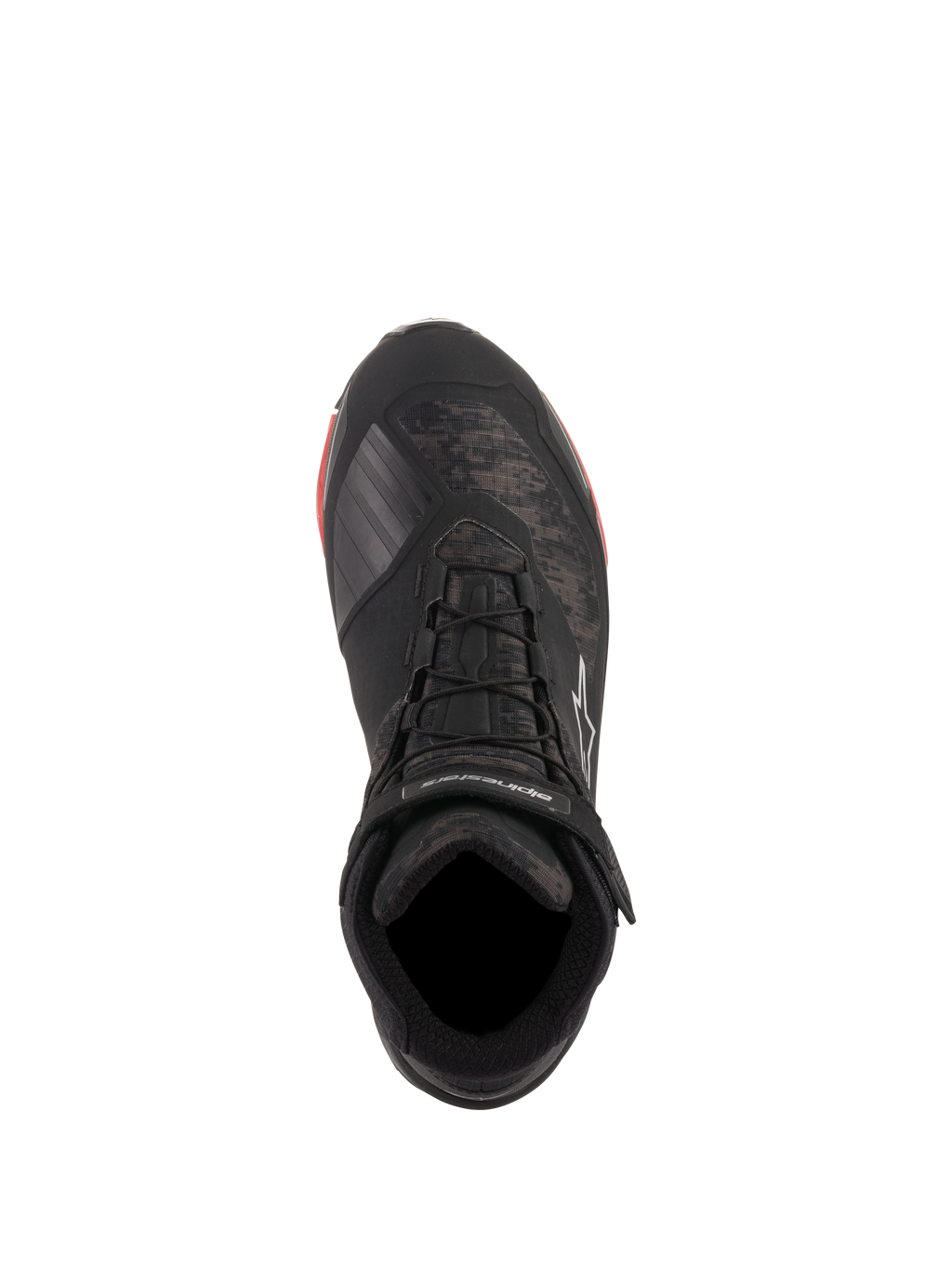 Scarpe da moto Alpinestars CR-X Drystar®, Nero Camo Rosso, vista dall'alto con motivo mimetico e lacci neri, cinturino alla caviglia con marchio Alpinestars bianco, calzature impermeabili con accenti rossi sulla suola