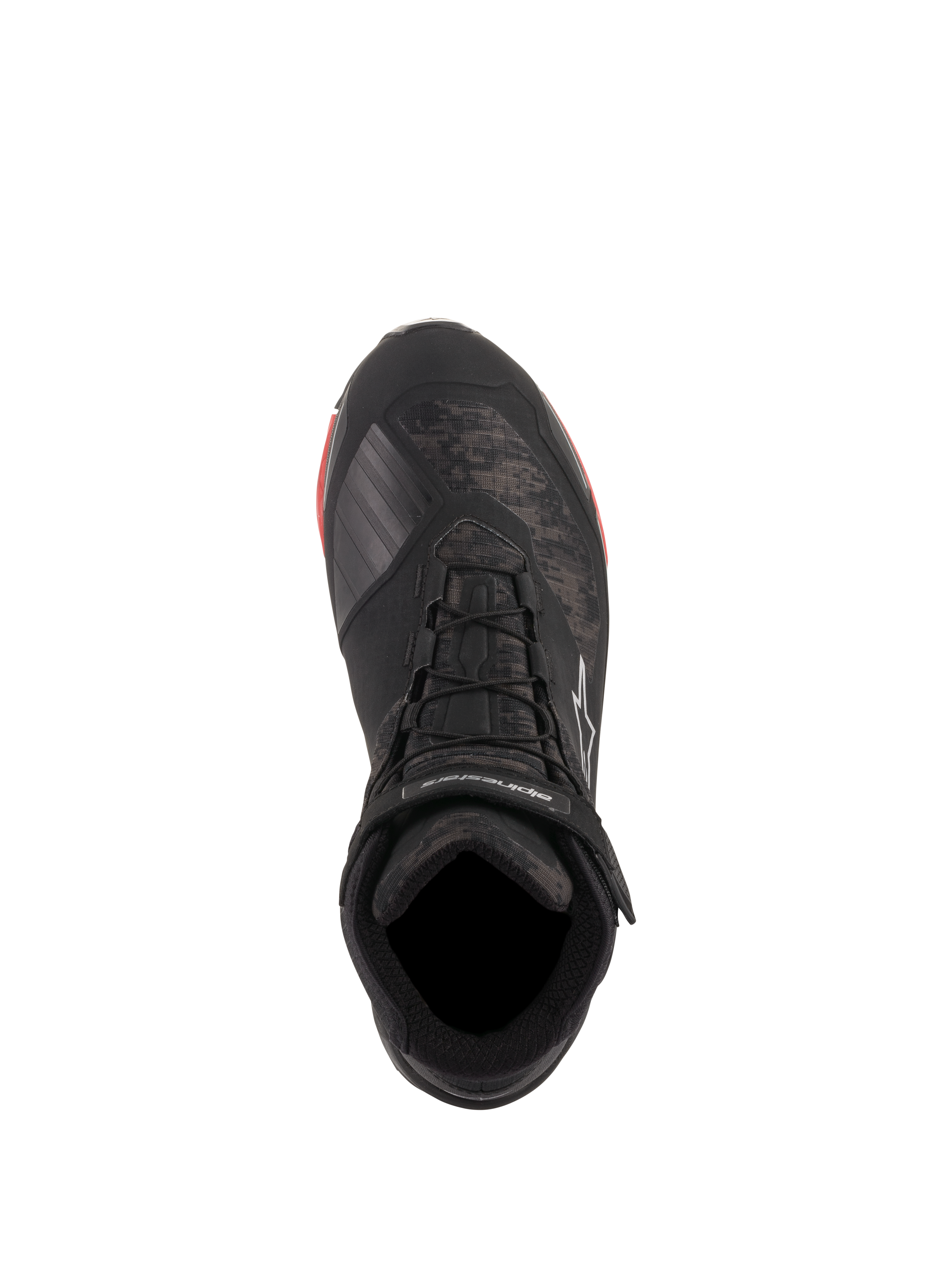 Scarpe da moto Alpinestars CR-X Drystar®, Nero Camo Rosso, vista dall'alto con motivo mimetico e lacci neri, cinturino alla caviglia con marchio Alpinestars bianco, calzature impermeabili con accenti rossi sulla suola