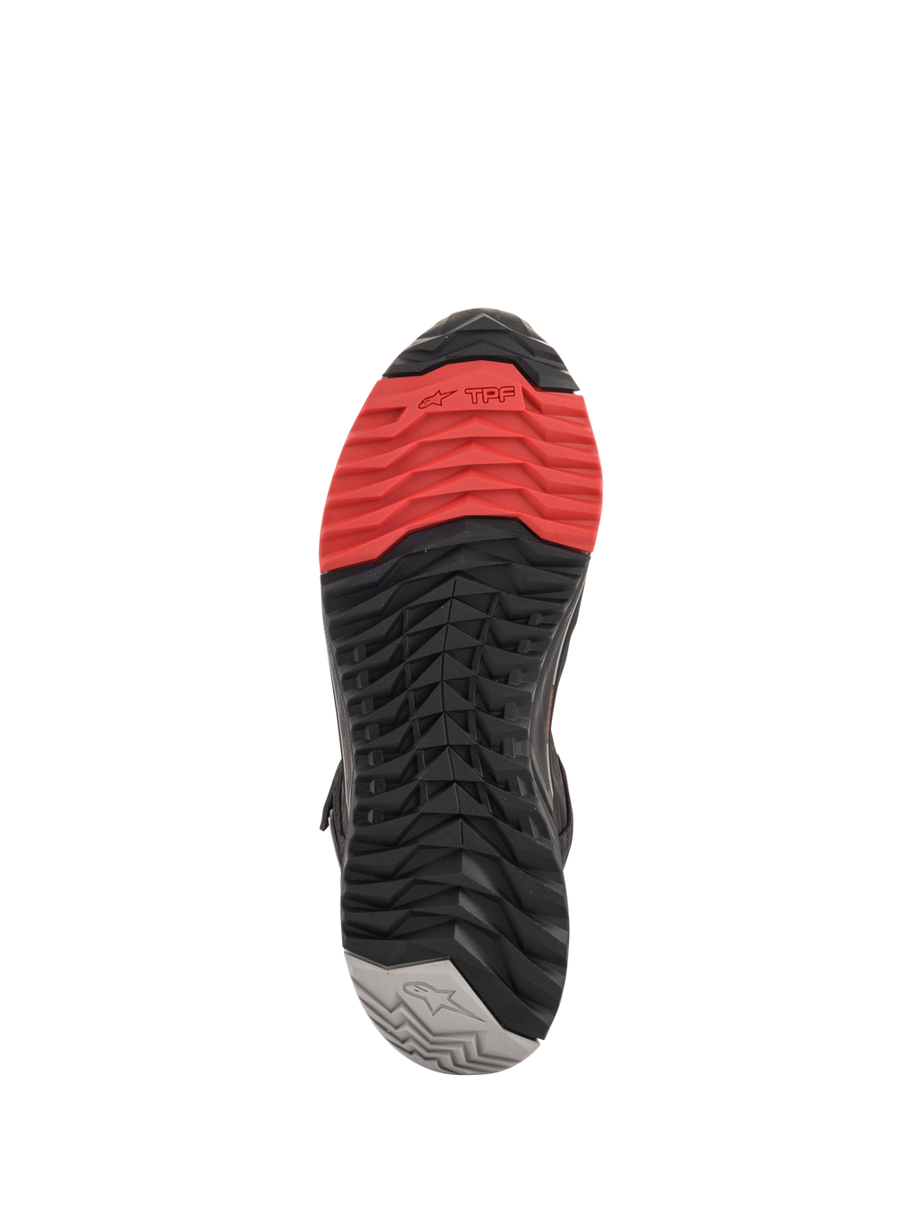 Scarpe da moto Alpinestars CR-X Drystar®, vista della suola, battistrada multicolore con punta rossa, parte centrale nera e tallone grigio, design del grip aggressivo per protezione alla guida e comfort nella camminata.