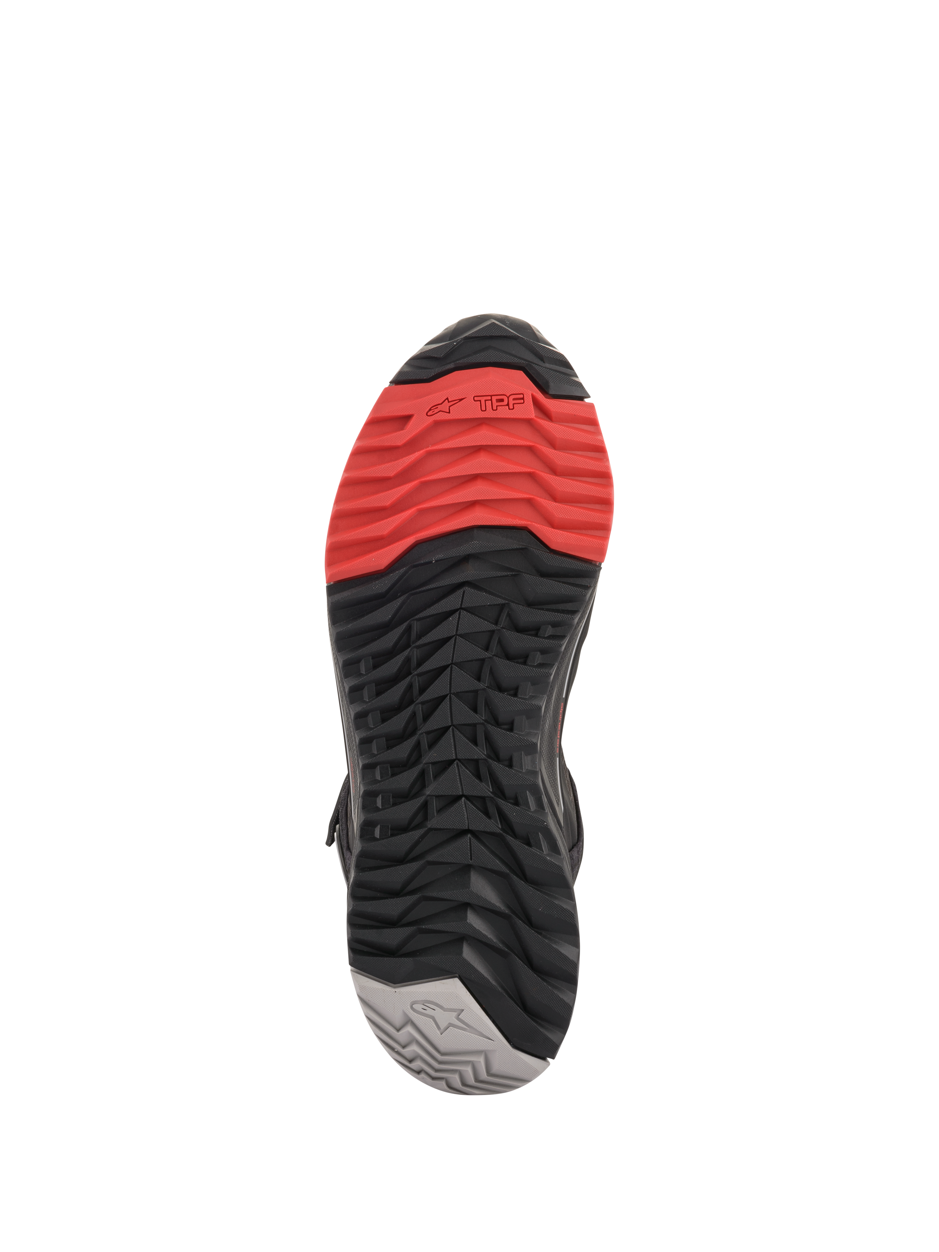 Scarpe da moto Alpinestars CR-X Drystar®, vista della suola, battistrada multicolore con punta rossa, parte centrale nera e tallone grigio, design del grip aggressivo per protezione alla guida e comfort nella camminata.
