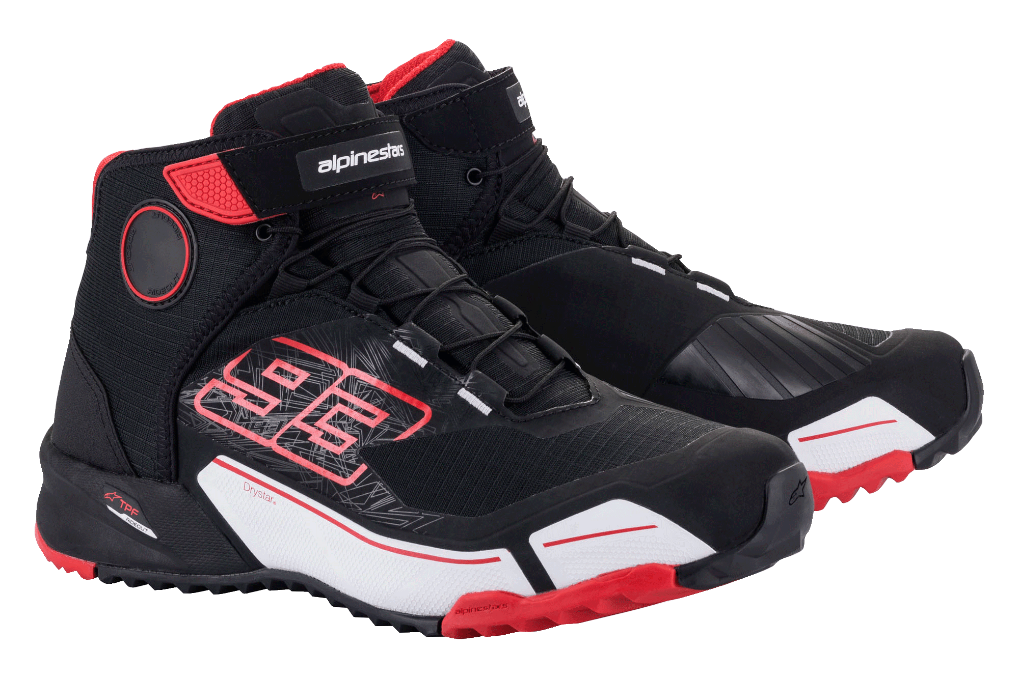Alpinestars MM93 CR-X Drystar® Riding Shoes, scarpe da moto, nero rosso e bianco, con grafica Marc Marquez 93, design atletico sportivo con marchio Drystar impermeabile, zona cambio protettiva e suola robusta.