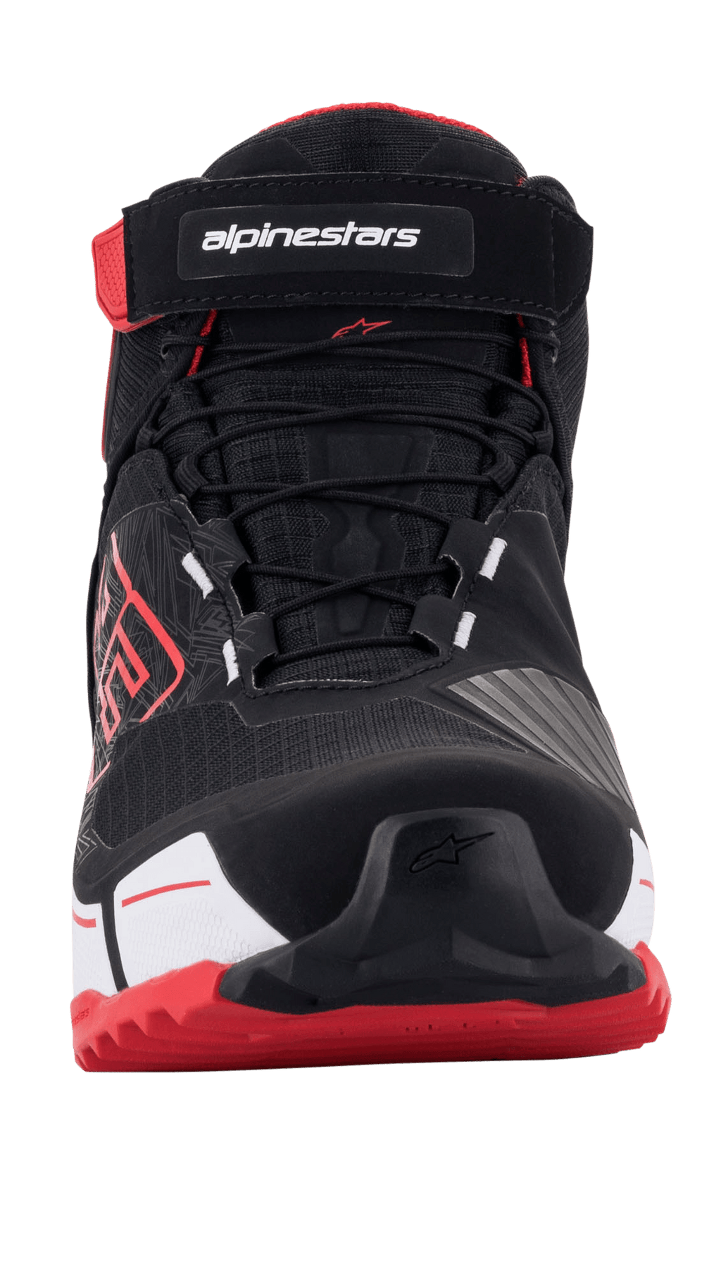 Alpinestars MM93 CR-X Drystar® Riding Shoes, scarpe da moto, nero rosso e bianco, vista frontale con sistema di allacciatura e cinturino in Velcro con logo, suola rossa e logo MM93 sul lato, calzatura protettiva sportiva