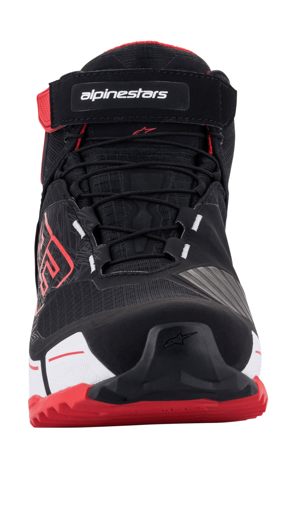 Alpinestars MM93 CR-X Drystar® Riding Shoes, scarpe da moto, nero rosso e bianco, vista frontale con sistema di allacciatura e cinturino in Velcro con logo, suola rossa e logo MM93 sul lato, calzatura protettiva sportiva