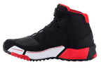 Alpinestars MM93 CR-X Drystar® Riding Shoes, scarpe da moto, nero, rosso e bianco, vista laterale con tomaia in tessuto nero, fodera interna rossa e intersuola bianca con accenti rossi, protezione per il cambio marcia, design sportivo ispirato alle scarpe da corsa