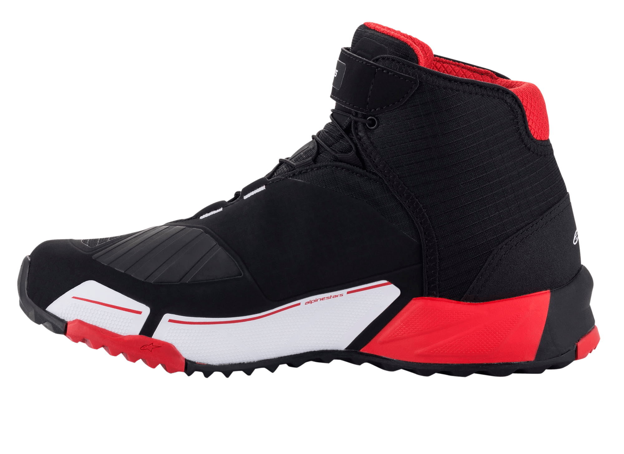 Alpinestars MM93 CR-X Drystar® Riding Shoes, scarpe da moto, nero, rosso e bianco, vista laterale con tomaia in tessuto nero, fodera interna rossa e intersuola bianca con accenti rossi, protezione per il cambio marcia, design sportivo ispirato alle scarpe da corsa