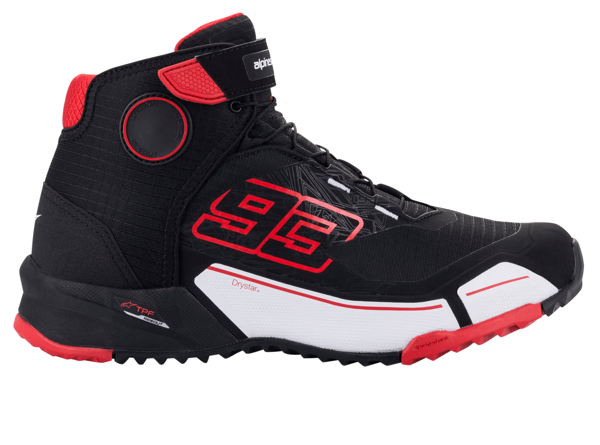 Alpinestars MM93 CR-X Drystar® Riding Shoe, scarpa da moto, nero, rosso e bianco, vista laterale con logo Marc Marquez '93' rosso, intersuola bianca e dettagli rossi sulla suola, design sportivo ispirato alle sneaker